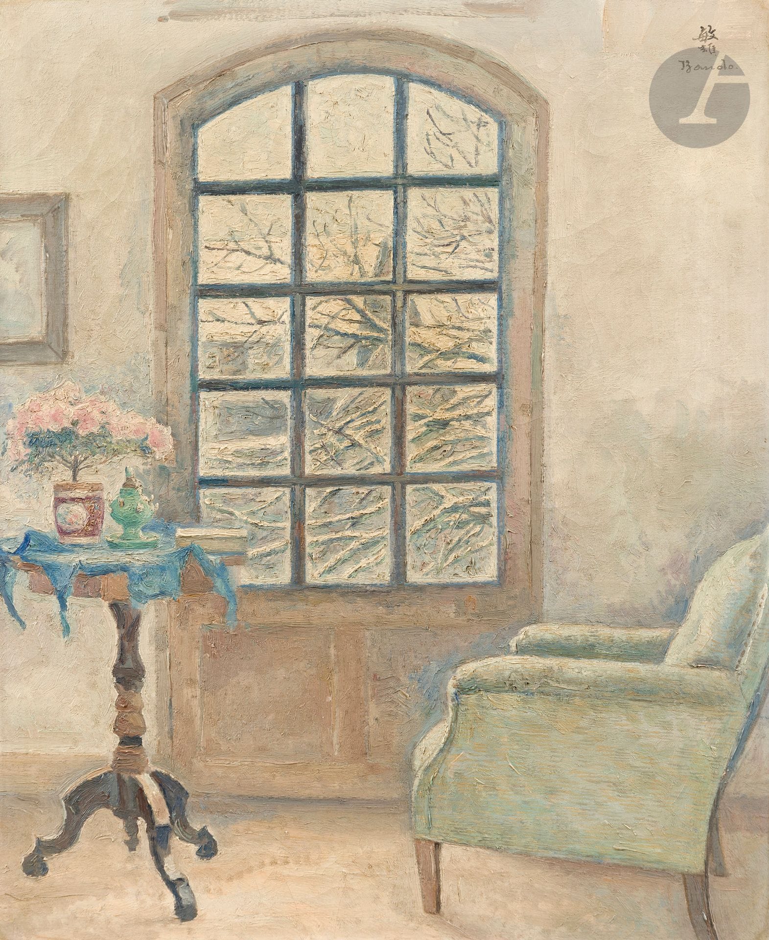 *Toshio BANDO (1895-1973)
At the Salon
Oil on canvas.
Signed upper right.
55 x 46 cm

Provenance :
Monsieur X. Collection, Japan.

This lot is presented as a temporary import.