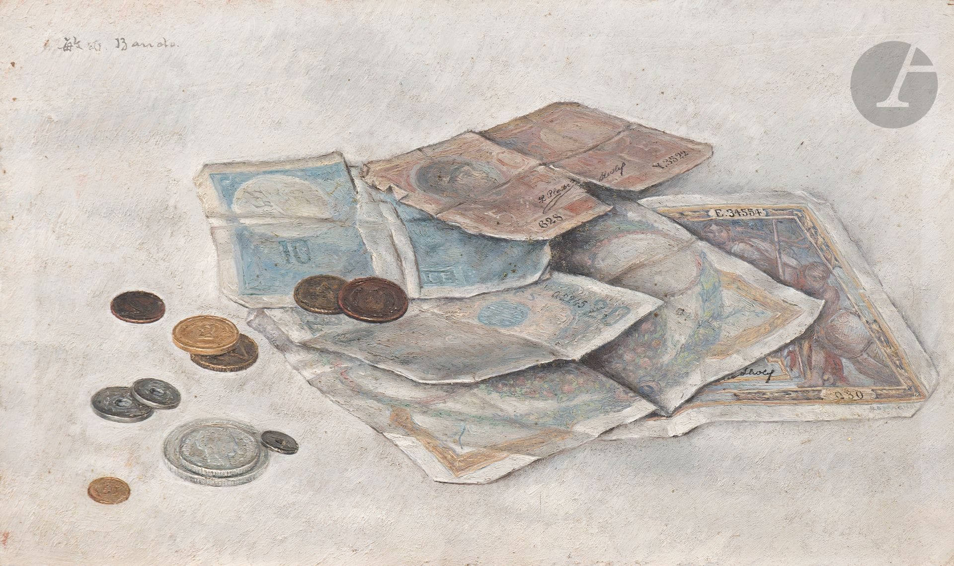 *Toshio BANDO (1895-1973)
Pièces et billets, vers 1930-35
Huile sur panneau.
Signée en haut à gauche.
22 x 36 cm

Provenance :
Collection Monsieur X., Japon.

Ce lot est présenté en importation temporaire.