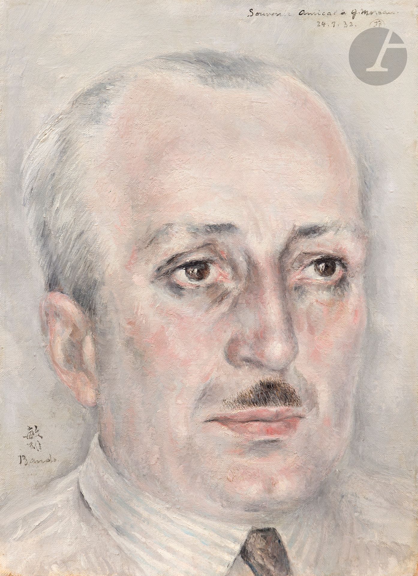 *Toshio BANDO (1895-1973)
Portrait d'homme, 1932
Huile sur toile.
Signée en bas à gauche.
Signée, datée et dédicacée « Souvenir amical à G. Moreau » en haut à droite.
33 x 24 cm

Provenance :
Collection Monsieur X., Japon.

Ce lot est présenté en importation temporaire.