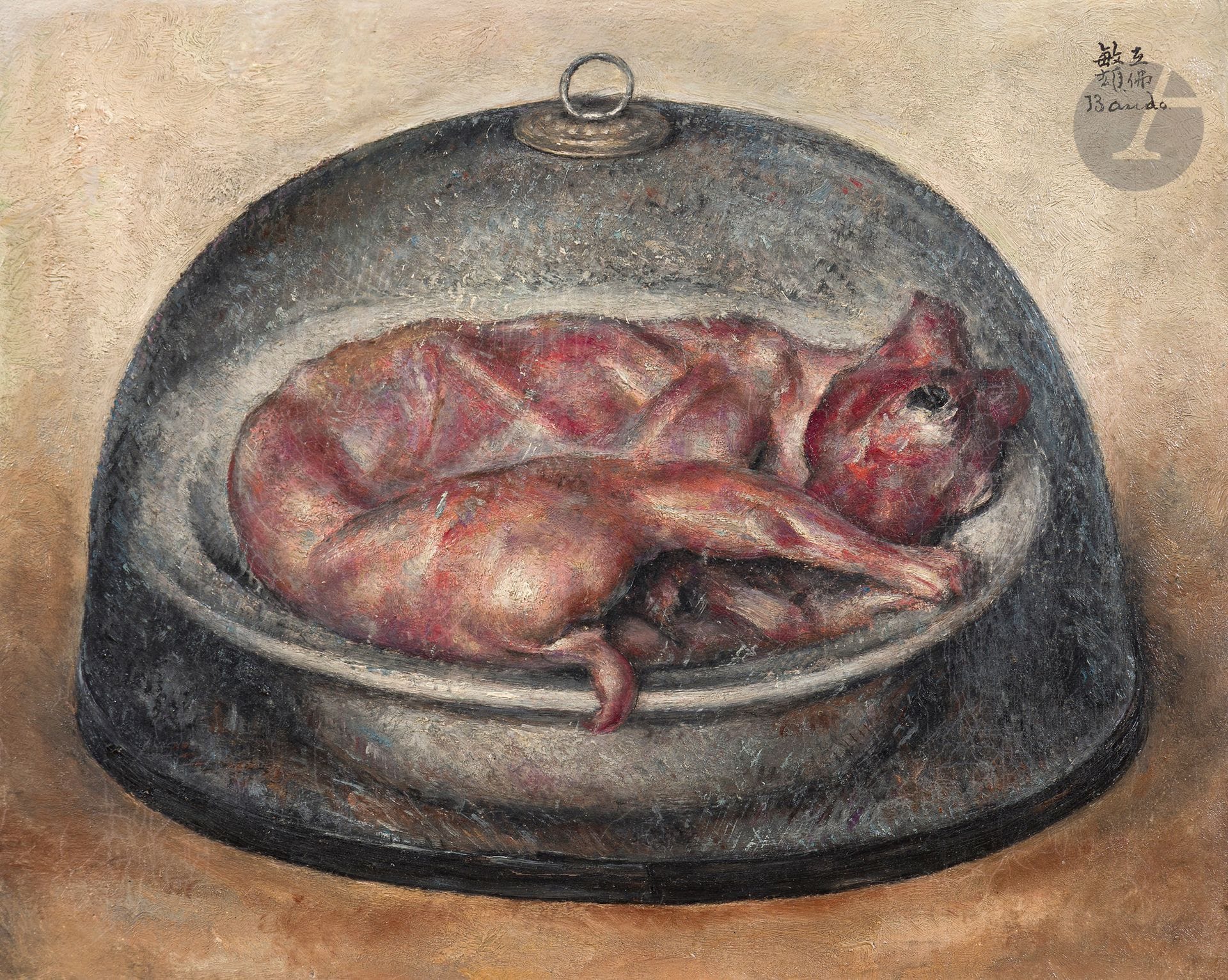 *Toshio BANDO (1895-1973)
Lapin écorché, 1928
Huile sur toile.
Signée en haut à droite.
32 x 41 cm

Provenance :
- Galerie Chéron, Paris (fragments d'étiquette sur le châssis).
- Vente Me Ader, Hôtel Drouot, Paris, 29 mars 1943, n° 51.
- Vente Me Ader, Hôtel Drouot, Paris, 1er juillet 1943, n° 62.
- Collection Monsieur X., Japon.

L'œuvre est référencée dans le facturier de l'artiste sous le n° 645, « Lapin dépouillé ».

Un certificat Art Loss Register numérique sera remis à l'acquéreur.

Ce lot est présenté en importation temporaire.