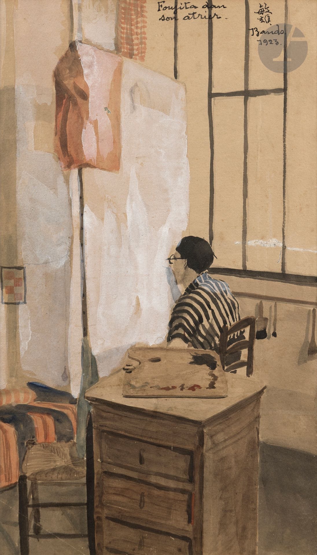 *Toshio BANDO (1895-1973)
Foujita dans son atelier, 1923
Aquarelle.
Signée, datée et titrée en haut à droite.
(Fine griffure dans l'angle inférieur gauche et petit manque).
41 x 24 cm

Provenance : 
- Vente Sotheby's, Londres, 28 mai 1986, n° 84.
- Collection Monsieur X., Japon. Acquis lors de la précédente.

Ce lot est présenté en importation temporaire.