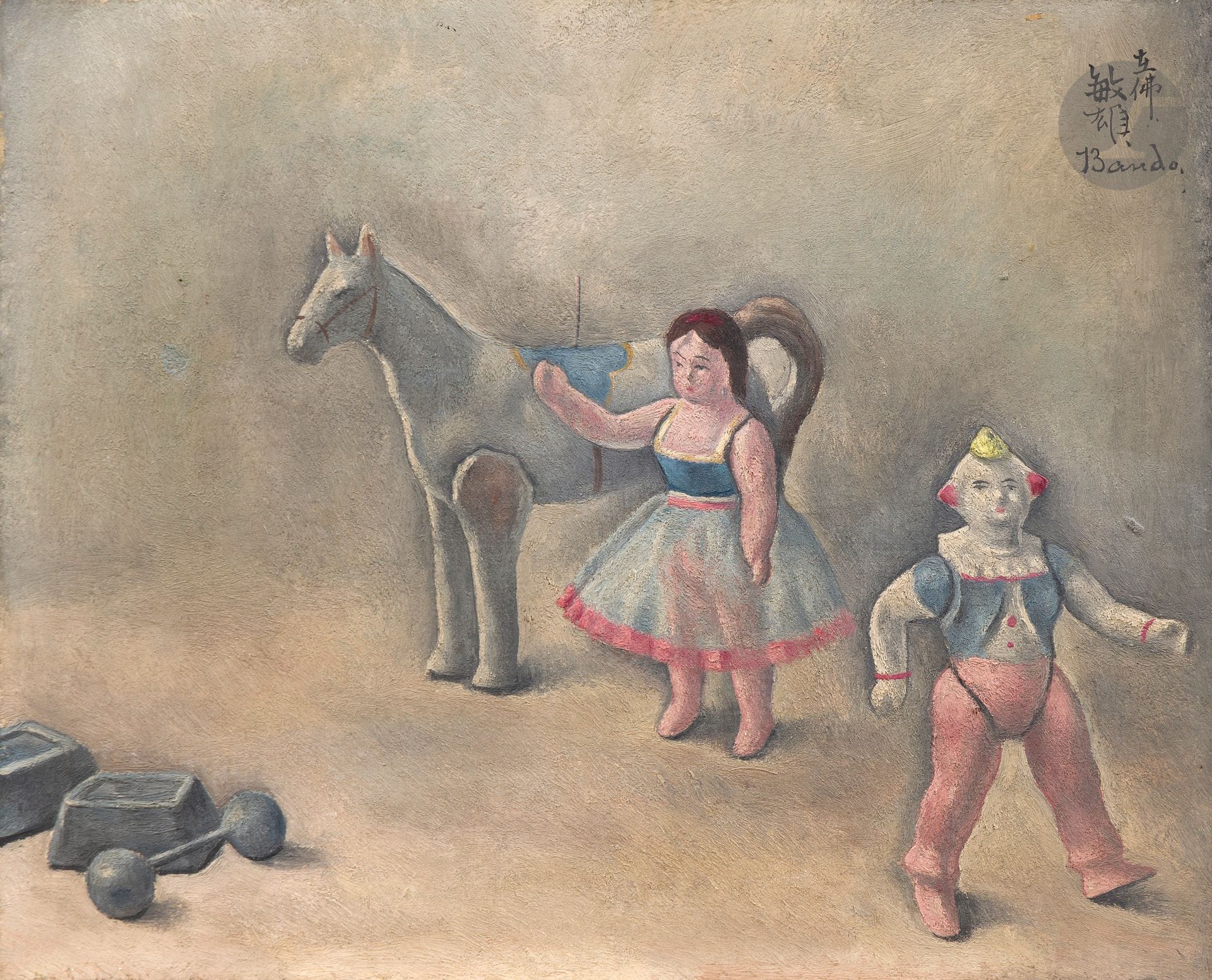 *Toshio BANDO (1895-1973)
Poupée, Cheval, Clown, 1927
Huile sur toile.
Signée en haut à droite.
22 x 27 cm

Provenance :
Collection Monsieur X., Japon.

L'œuvre est référencée dans le facturier de l'artiste sous le n° 368.

Ce lot est présenté en importation temporaire.