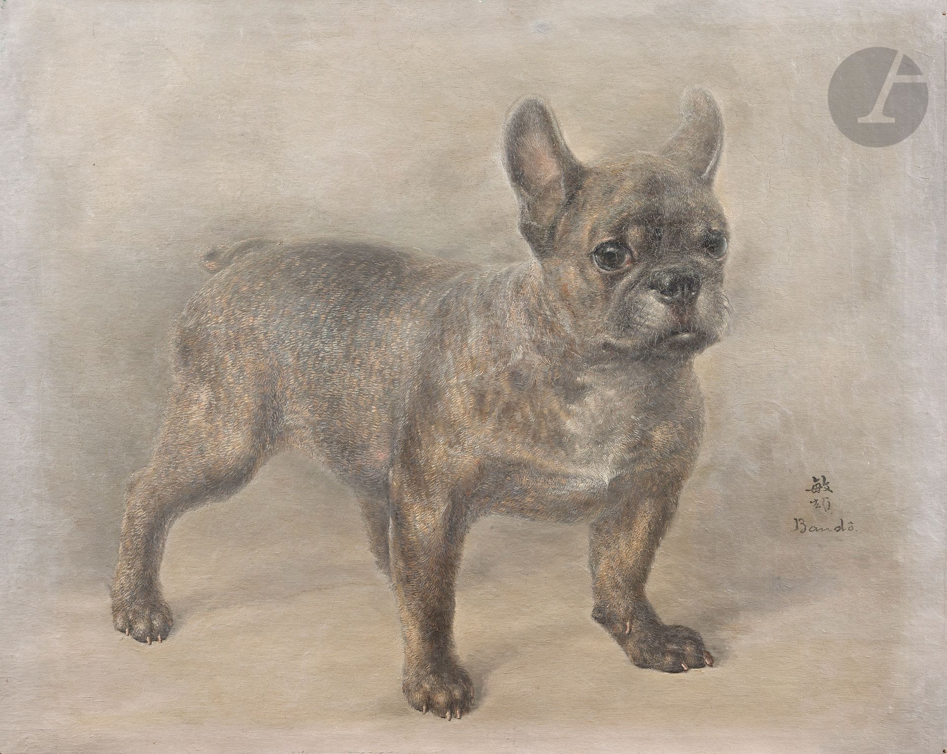 *Toshio BANDO (1895-1973)
Bouledogue français
Huile sur toile.
Signée au centre à droite.
(Trous de punaise dans les angles, petites restaurations).
65 x 80 cm

Provenance : 
Collection Monsieur X., Japon.

Ce lot est présenté en importation temporaire.