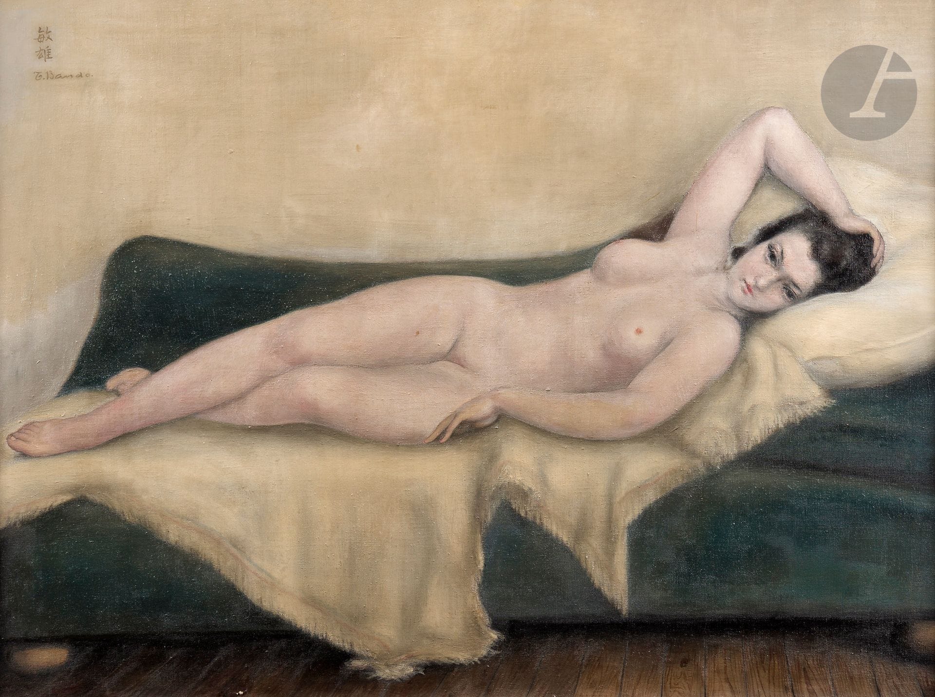*Toshio BANDO (1895-1973)
Nu allongé, vers 1925
Huile sur toile.
Signée en haut à gauche.
54 x 73 cm

Provenance :
- Galerie Chéron, Paris (fragment d'étiquette sur le châssis).
- Collection Monsieur X., Japon.

L'œuvre pourrait correspondre dans le facturier de l'artiste au n° 73, « Nu Suz. Chatelet parquet ».

Ce lot est présenté en importation temporaire.