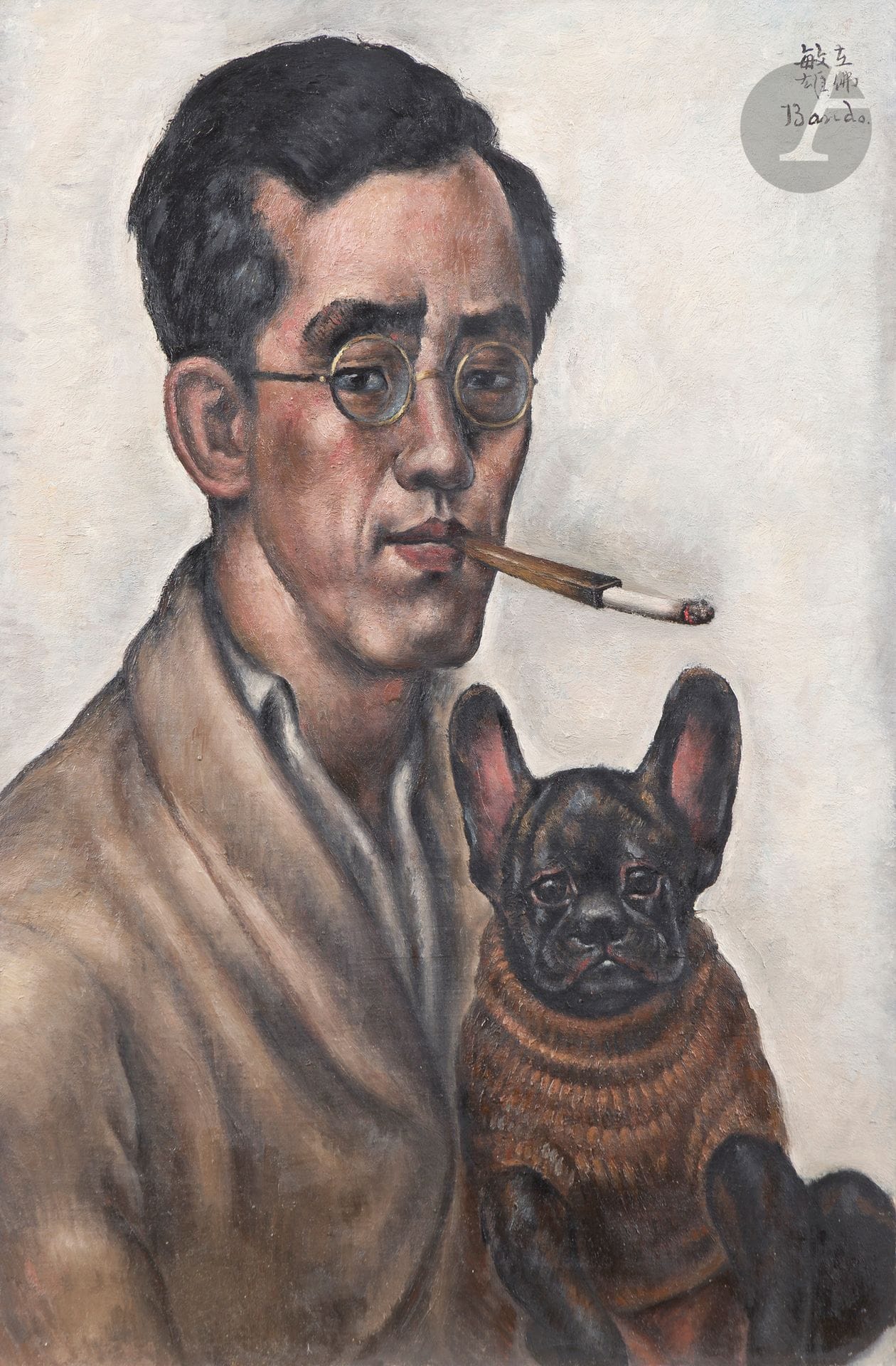*Toshio BANDO (1895-1973)
Self-portrait with dog and cigarette holder, circa 1928
Oil on canvas.
Signed upper right.
(Restoration).
55 x 38 cm

Provenance : 
- Sale Collection du Docteur Devraigne, Me Bellier, Hôtel Drouot, Paris, March 2, 1934, catalog, no. 37, presented under the title "Le Peintre et son chien".
- Collection Monsieur X., Japan.

The work may correspond in the artist's bill of sale to no. 612, "Mon portrait avec Manon".

This lot is presented as a temporary import.