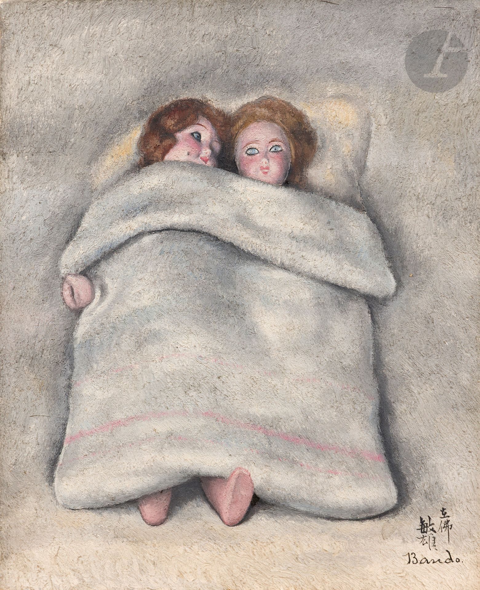 *Toshio BANDO (1895-1973)
Deux poupées couchées, 1927
Huile sur toile.
Signée en bas à droite.
27 x 22 cm

Provenance : 
- Galerie Chéron, Paris (étiquette sur le châssis).
- Probablement vente Me Binoche, Hôtel Drouot, Paris, 12 décembre 2001, n° 12.
- Collection Monsieur X., Japon.

L'œuvre pourrait correspondre dans le facturier de l'artiste au n° 370 ou au n° 373.

Ce lot est présenté en importation temporaire.