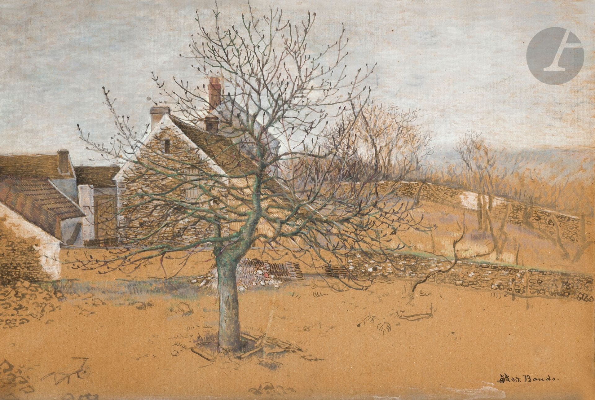 *Toshio BANDO (1895-1973)
Le Jardin à Garré
Gouache, encre et lavis d'encre sur carton.
Signée en bas à droite.
Une étude de femme se chaussant au revers.
38 x 54 cm

Provenance :
Collection Monsieur X., Japon.

Ce lot est présenté en importation temporaire.