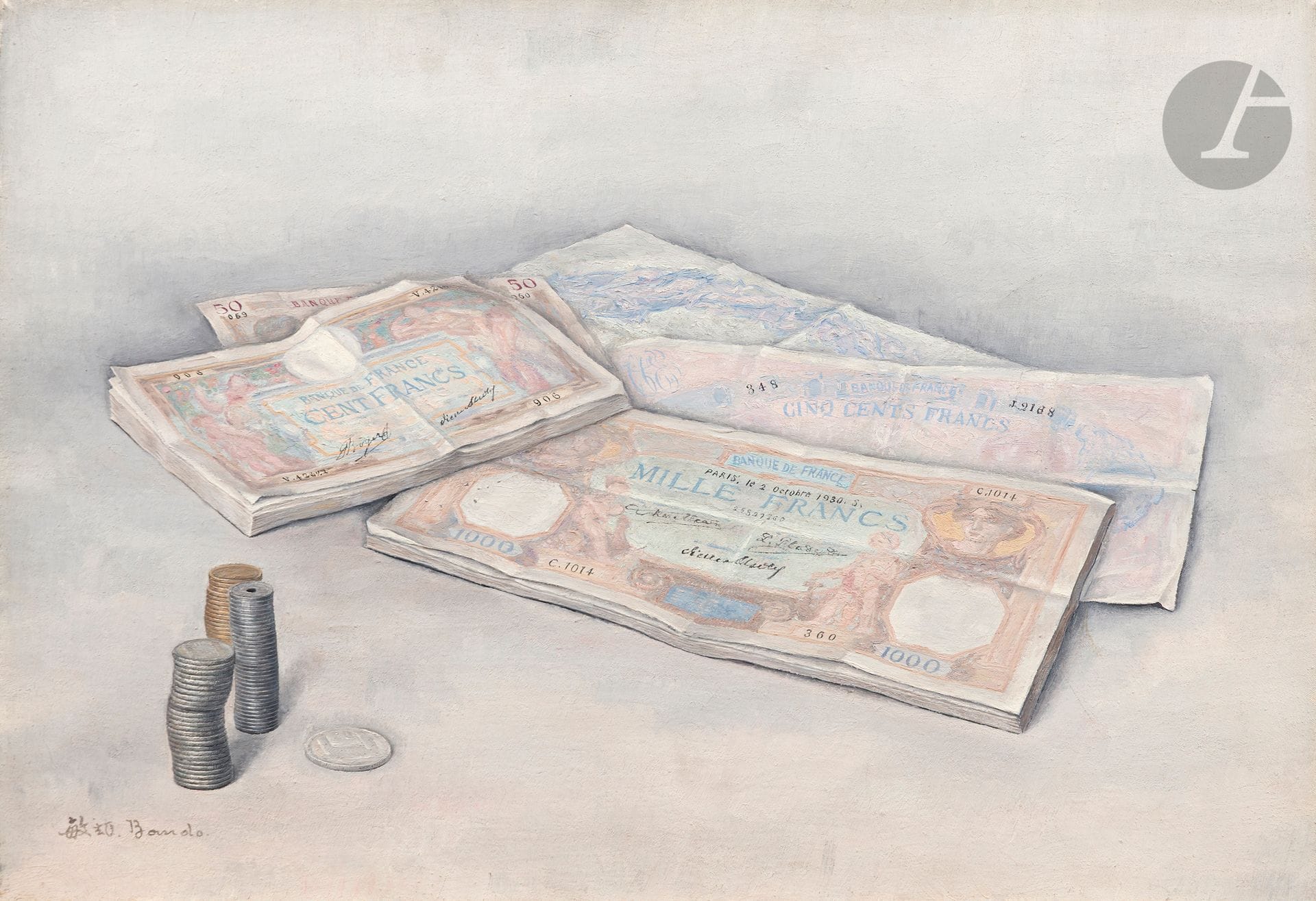 *Toshio BANDO (1895-1973)
Pièces et billets, vers 1930-35
Huile sur toile.
Signée en bas à gauche.
38 x 55 cm

Provenance :
Collection Monsieur X., Japon.

Ce lot est présenté en importation temporaire.