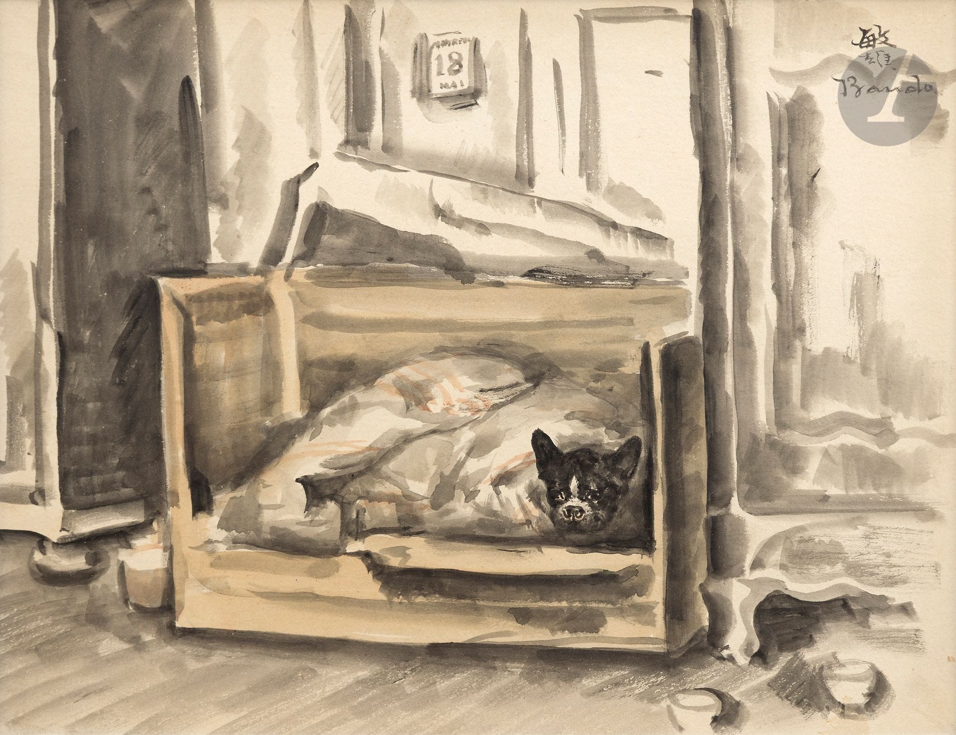 *Toshio BANDO (1895-1973)
Bouledogue (Véronique) dans l'atelier
Aquarelle.
Signée en haut à droite.
24,5 x 32 cm

Provenance : 
Collection Monsieur X., Japon.

Ce lot est présenté en importation temporaire.