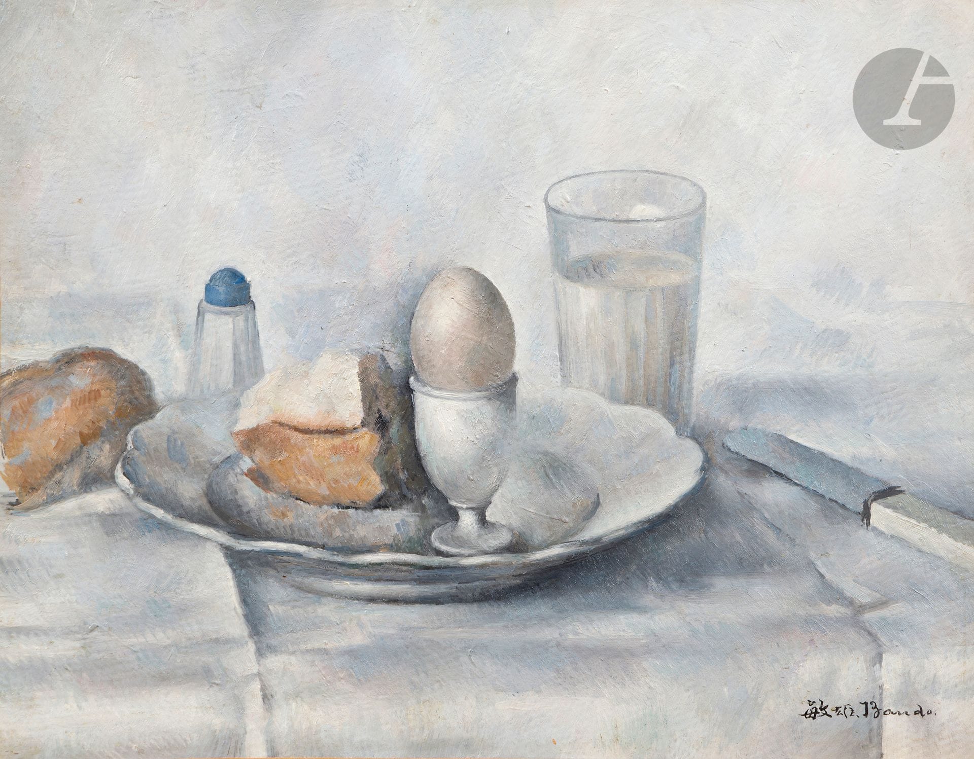 *Toshio BANDO (1895-1973)
L'Œuf à la coque et le verre de lait
Huile sur carton contrecollé sur toile.
Signée en bas à droite.
24 x 33 cm

Provenance :
Collection Monsieur X., Japon.

Ce lot est présenté en importation temporaire.