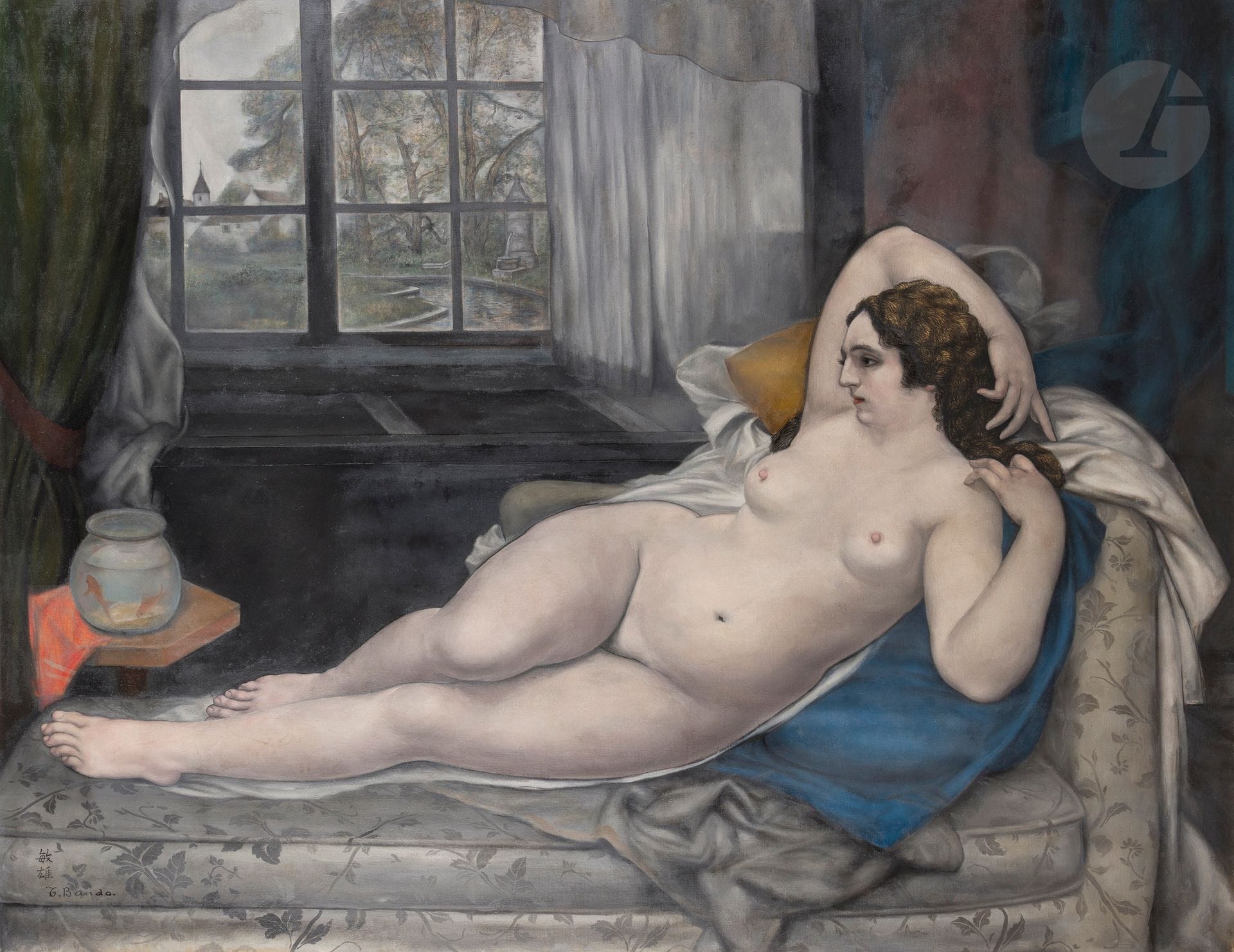 *Toshio BANDO (1895-1973)
The Interior, 1922
Oil on canvas.
Signed lower left.
Signed, dated and located "Paris" in Japanese on the stretcher.
Inscription "Salon d'Automne" on the stretcher.
112 x 145 cm

Provenance :
- Galerie Chéron, Paris (label on stretcher).
- Monsieur X. Collection, Japan.

Exhibition: 
Salon d'Automne, Section japonaise, organized by the Société des artistes "Nikwa", Grand Palais des Champs-Élysées, Paris, November 1 - December 17, 1922, no. 86.

This lot is presented as a temporary import.