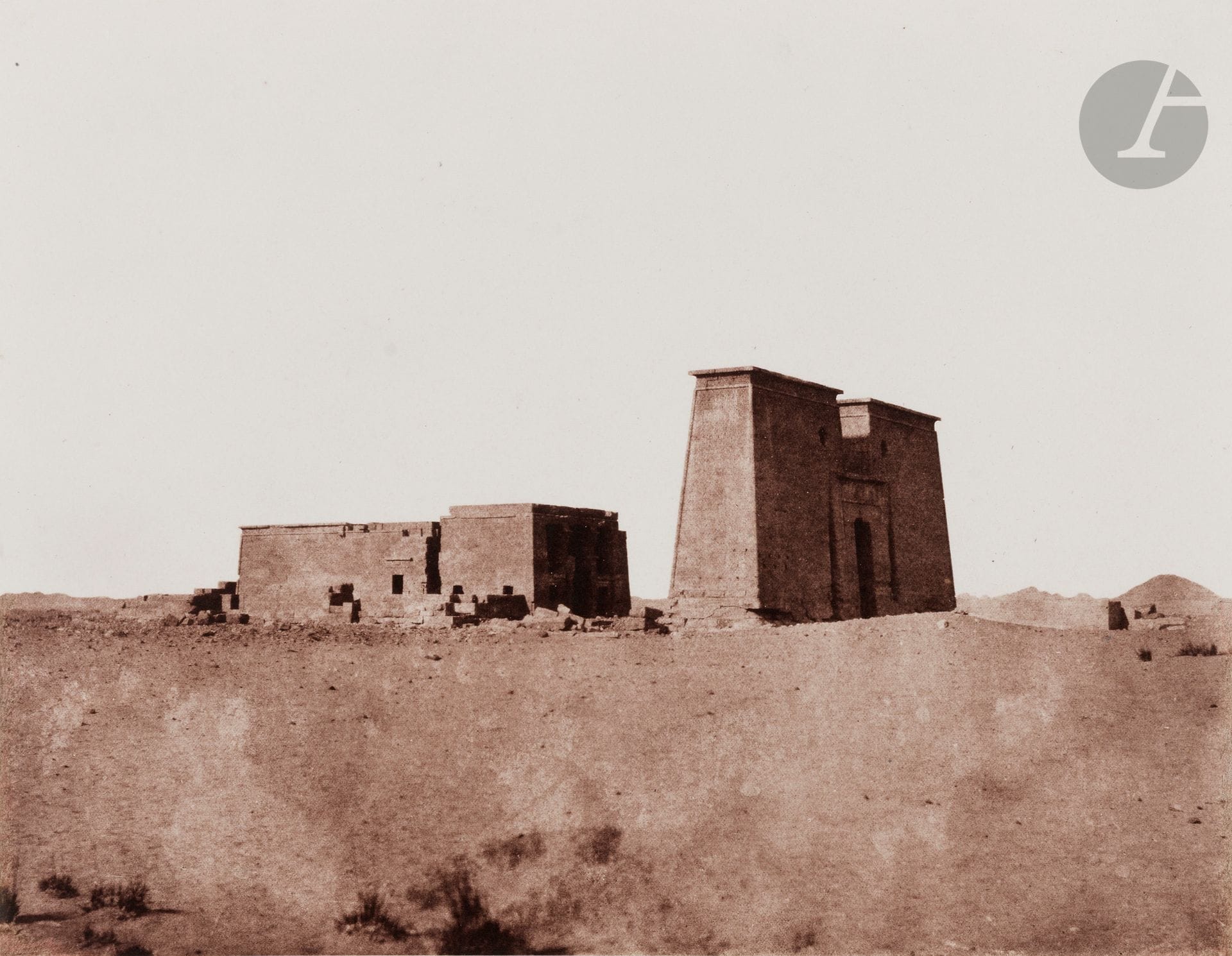 Félix Teynard (1817-1892) 
Nubia, 1851. 
Dakkeh (Pselcis). General view of the temple. Pl. 127. 
Salt paper print, from paper negative, mounted on publisher's cardboard (Goupil - Imp. Phot. de H. Fonteny et Cie à Paris en 1851) with captions and credits printed on mount.
24 x 30.5 cm