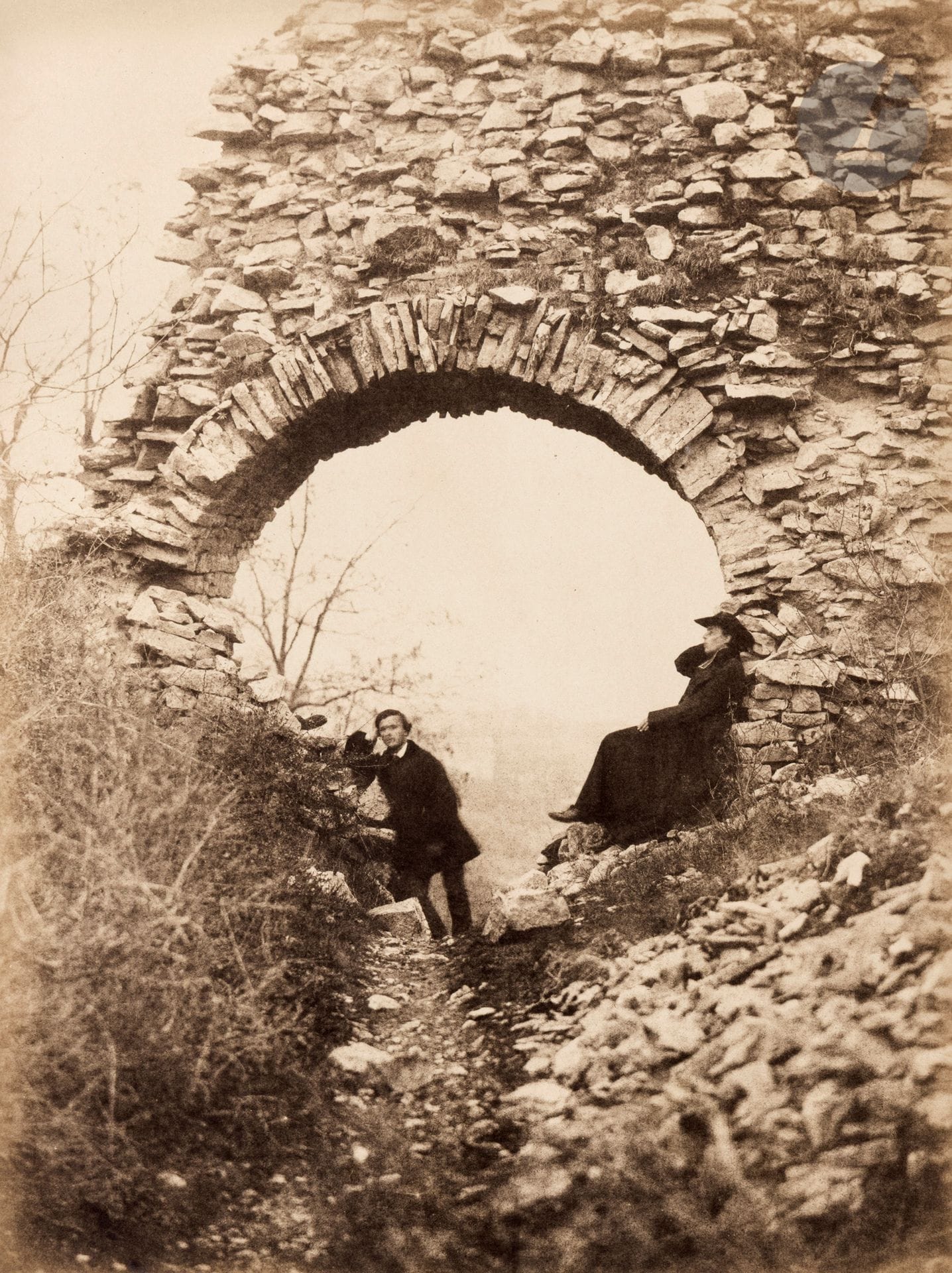 Édouard Loydreau (1820-1905)
Photographic studies. Album by Édouard Loydreau, 1860.
Personal album by Édouard Loydreau. 
Self-portraits. Chagny. Railway station. Cour du Puits-d'Or. Castle (demolished 1866). Cross. Rully Castle. Château de La Loyère. Mercurey. Ruins of Château de Montaigu. Calvary of Sampigny-les-Maranges. Château de Rochepot. Prieuré du Val-Saint-Benoît. Roman column at Cussy-la-Colonne. Besançon. The Doubs and the citadel. Carved gate. Ronchaux fountain. Porte Noire. Former Quai d'Arènes. Reproductions of objets d'art and casts (Grand Camée de France, Venus de Milo). Hieratic inscriptions. Outdoor groups. Portraits. 
Oblong full-percaline album, titled and dated on the front cover, comprising 70 salted paper and salted-aluminum paper prints, from paper or glass negatives, mounted on gilt-edged boards. Binant label at beginning of album. 
Sizes: from 15 x 12 to 36 x 26 cm

 Physician, archaeologist, politician (mayor of Chagny) and photographer, Édouard Loydreau began using calotypes in the early 1850s. A member of numerous learned societies - notably the Société d'histoire et d'archéologie de Chalon-sur-Saône and the Société française de photographie - he made early and methodical use of the medium to inventory objects unearthed during his excavations. He also used a large view camera to take pictures of landscapes in the Saône-et-Loire, Jura and Doubs regions. This album, comprising seventy prints on salted paper and salted-aluminum paper, is one of the most important testimonies to the relatively little-known work of this enlightened amateur.