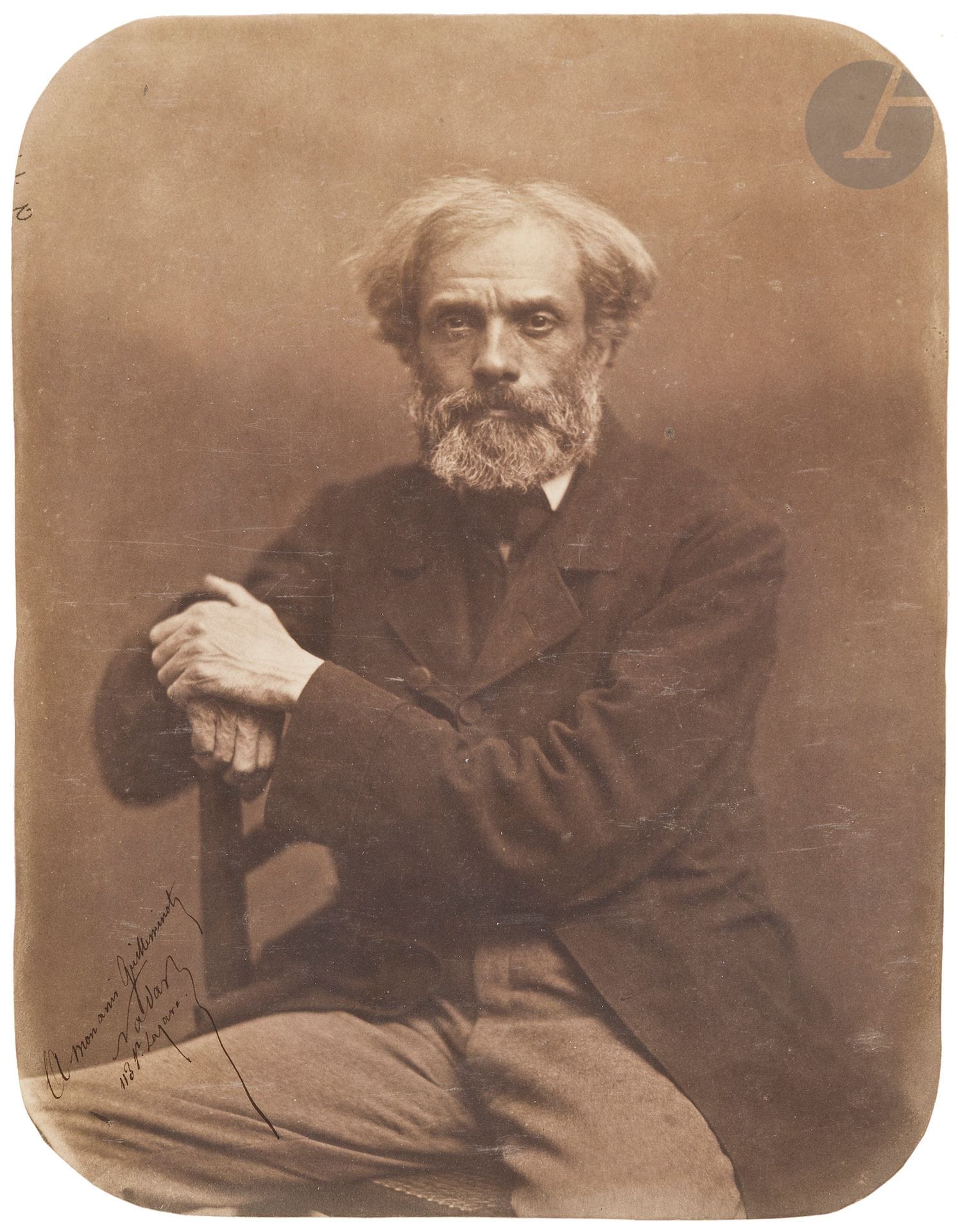 Félix Nadar (1820-1910)
The painter Armand Guilleminot. Paris, c. 1855-1860.
Print on salted-aluminum paper, mounted on studio board, signed and dedicated "À mon ami Guilleminot" in ink lower left. Dry stamp "Nadar &amp; C. - 113 R. St. Lazare 113" on mount at bottom. 
23.8 x 18.5 cm

Provenance: 
François Lepage Collection, Paris. 

The painter Armand Guilleminot was also caricatured by Félix Nadar.