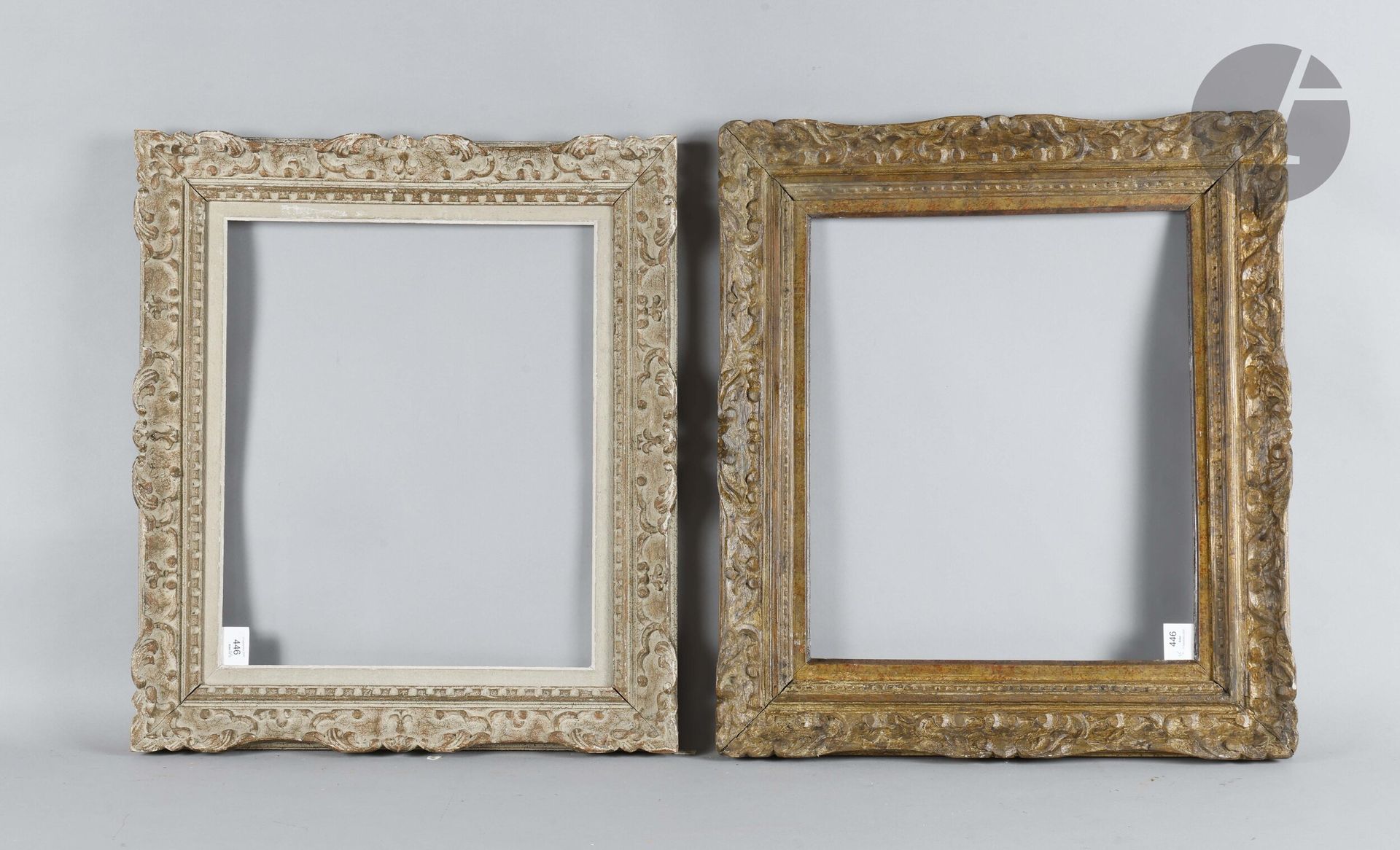 Two Montparnasse frames in carved, painted and patinated wood. Circa 1950. 44.4 x 53.7 cm - Profile: 10 cm (10F) and 44.4 x 53.6 cm - Profile: 10.5 cm (10F)