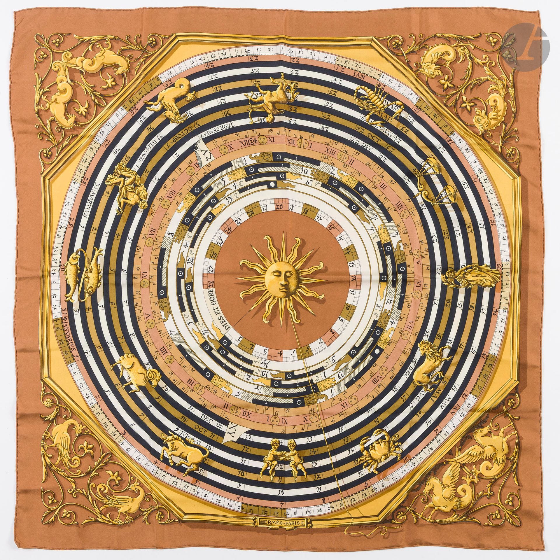 HERMÈS PARIS
Carré 90 in Astrologie silk twill, signed F.Faconnet, brown background (a few small stains)
