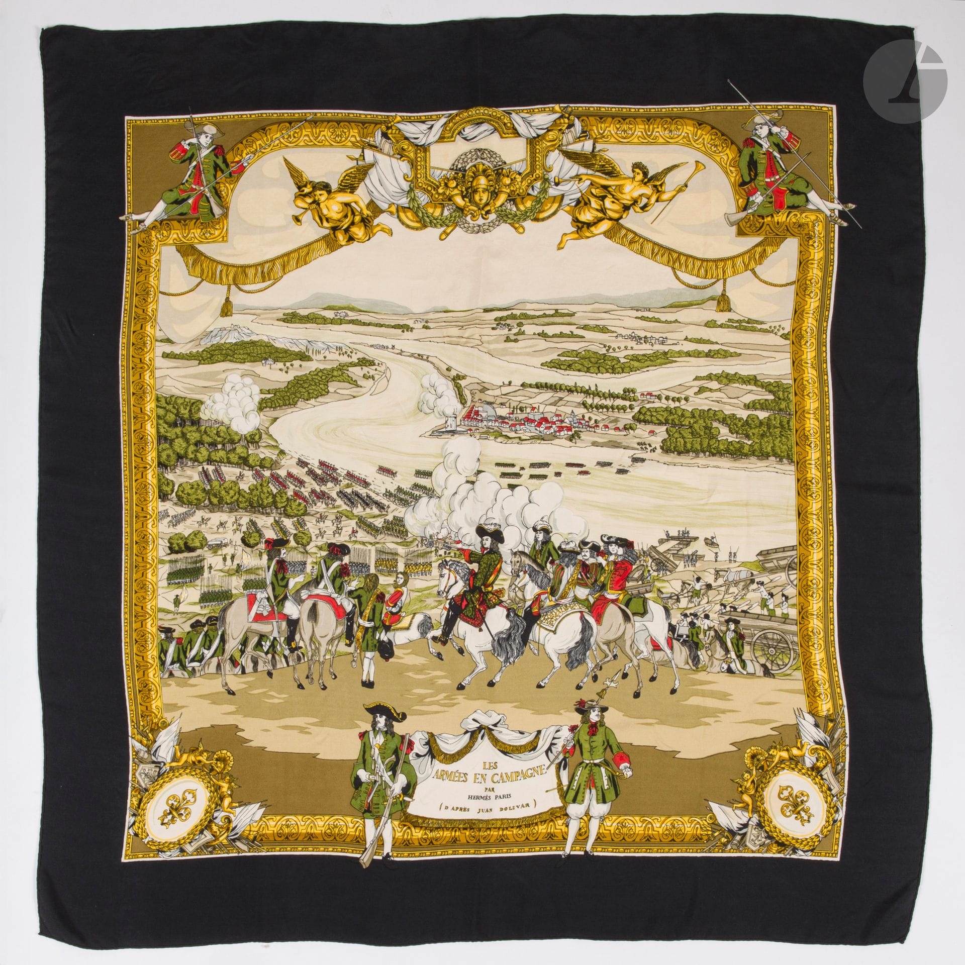 HERMÈS PARIS
Carré 90 en twill de soie "Les Armées en Campagne", entourage noir (quelques petites traces et fils tirés)