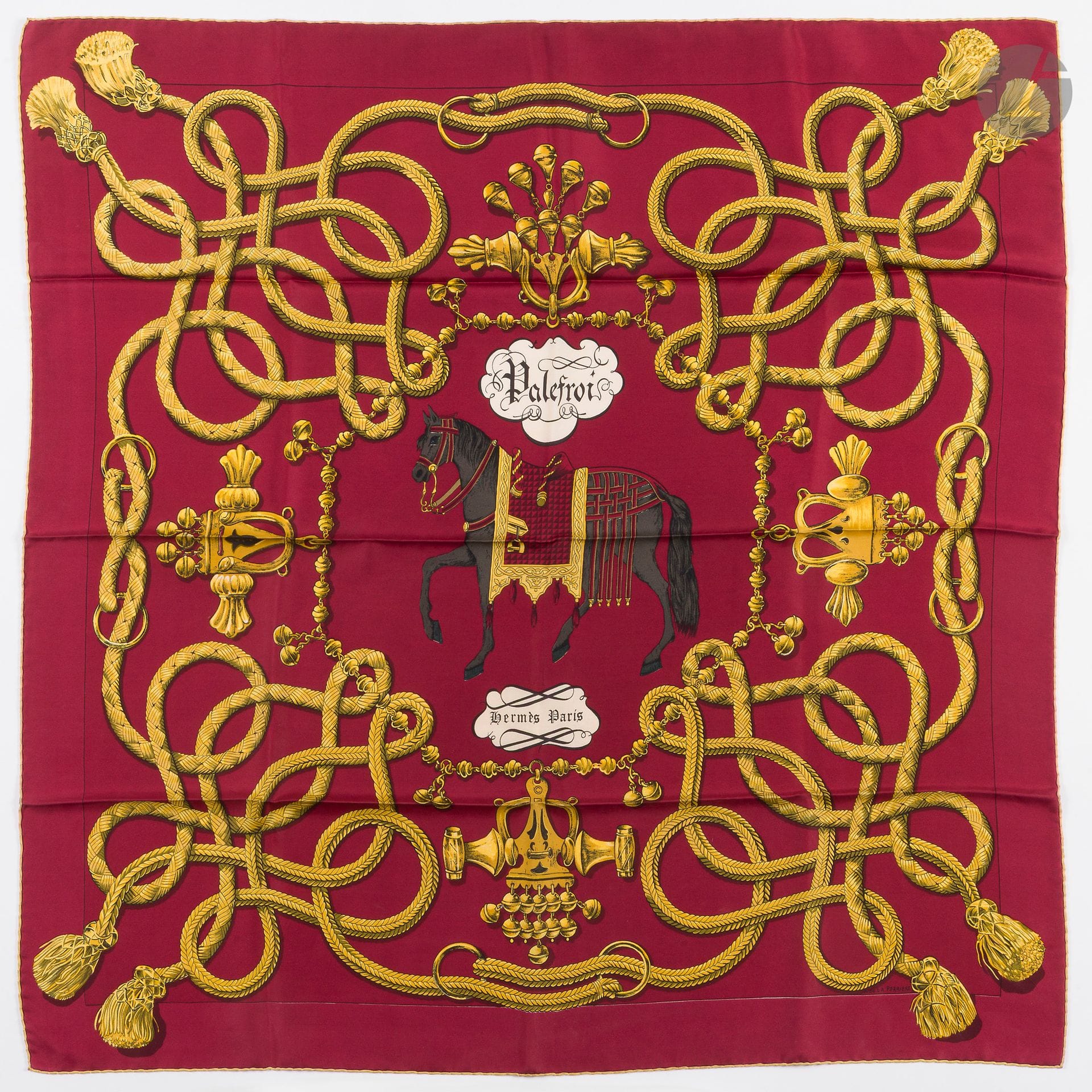 HERMÈS PARIS
Carré 90 in silk twill "Palefroi", signed F de La Perriere, burgundy background