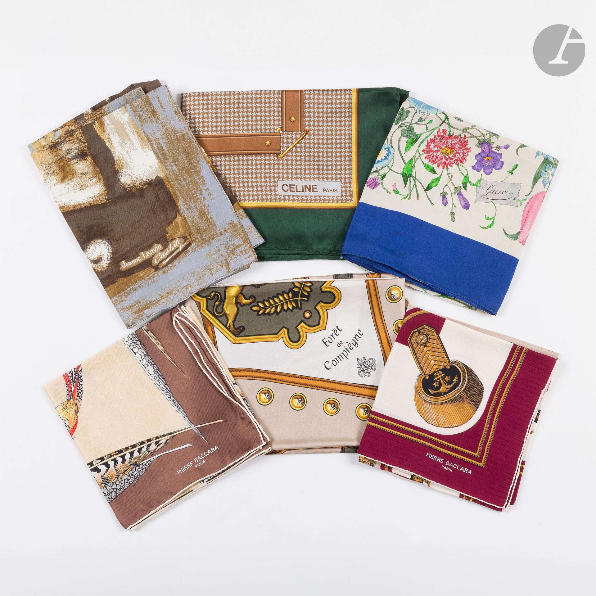 Lot de 6 foulards dont GUCCI, LANVIN CASTILLO, CÉLINE, BACCARAT (taches et quelques petits fils tirés)