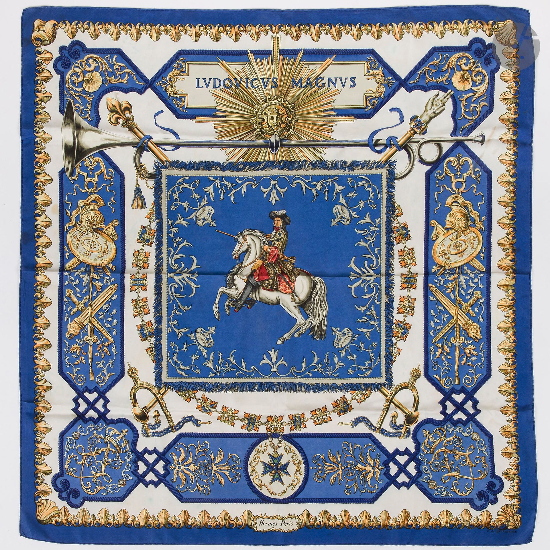 HERMÈS PARIS
Carré 90 in "Ludovicus Magnus" silk twill, signed F. de La Perriere, blue tones (discolorations and stains)