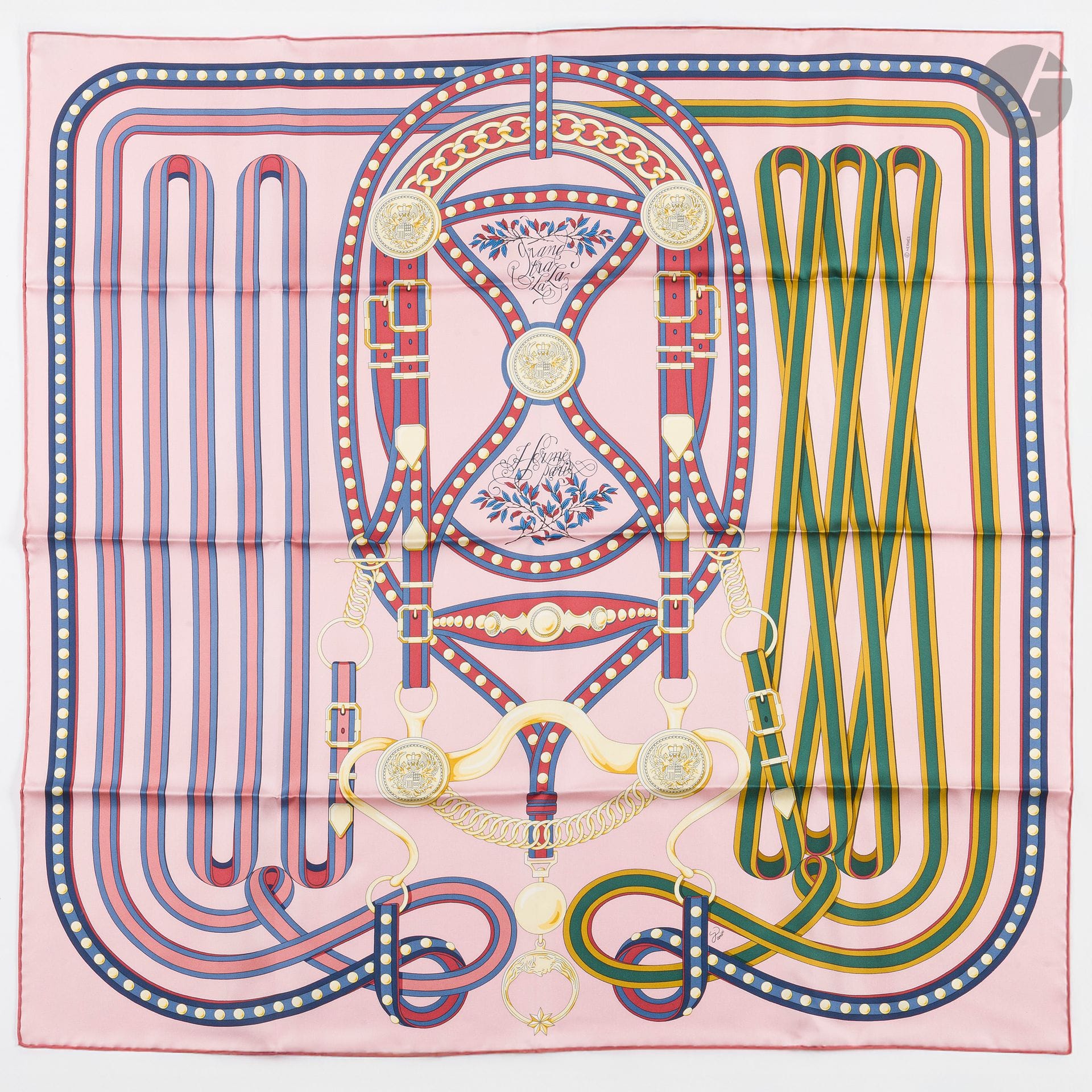 HERMÈS PARIS
Carré 90 in silk twill "Grand Tralala", signed Jamin, pale pink background. In box (very good condition)