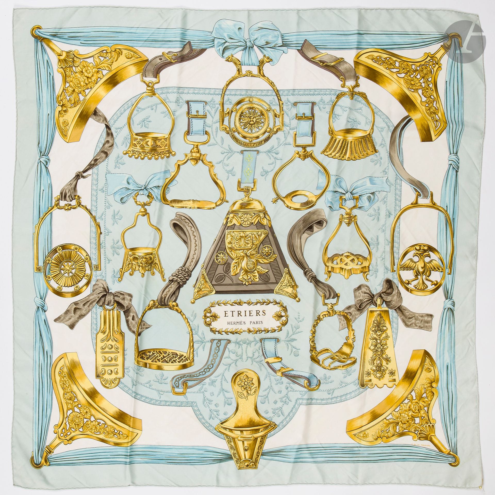 HERMÈS PARIS
Carré 90 in silk twill "Etriers", signed F de La Perriere, sky blue frame (stains and soiling)
