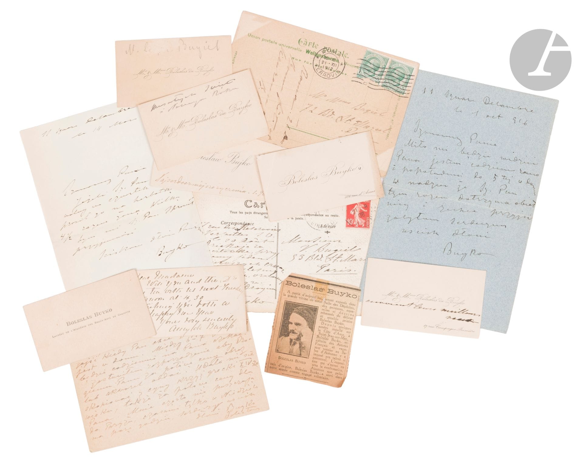 Boleslaw BUJKO (Buyko) (1878-1939)
12 postcards, letters or business cards, including :
- 2 handwritten postcards addressed to Dr. Bugiel (1908, 1912).
- 1 handwritten card "military correspondence" addressed to Dr. Bugiel, 1916.
- 1 handwritten letter signed, 1916.
- 5 business cards in the name of "Mr and Mrs Boleslas de Buyko".
- 2 business cards in the name of "Boleslaw Bujko". 1904 (1).
- 1 handwritten letter.
[sztuka polska, polish art].