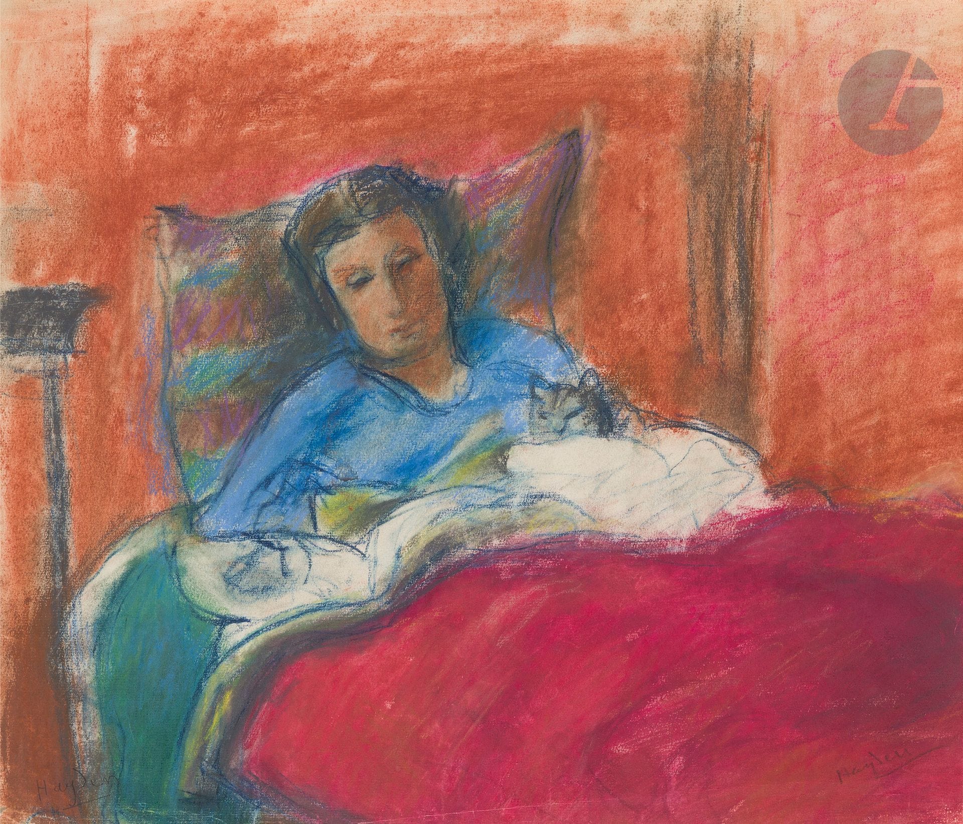Henri HAYDEN (1883-1970)
Femme couchée au chat, vers 1948
Pastel.
Signé en bas à droite.
(Plis et infime déchirure).
38 x 44,5 cm

Provenance : 
Collection Pierre Célice.
[sztuka polska, art polonais]