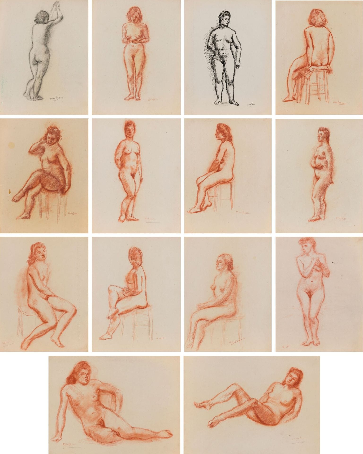 Henri HAYDEN (1883-1970)
Nude studies
14 drawings (ink, charcoal or red chalk).
Signed at bottom.
Approx. 32.5 x 25.4 cm

Provenance : 
Pierre Célice Collection.
[sztuka polska, polish art]
