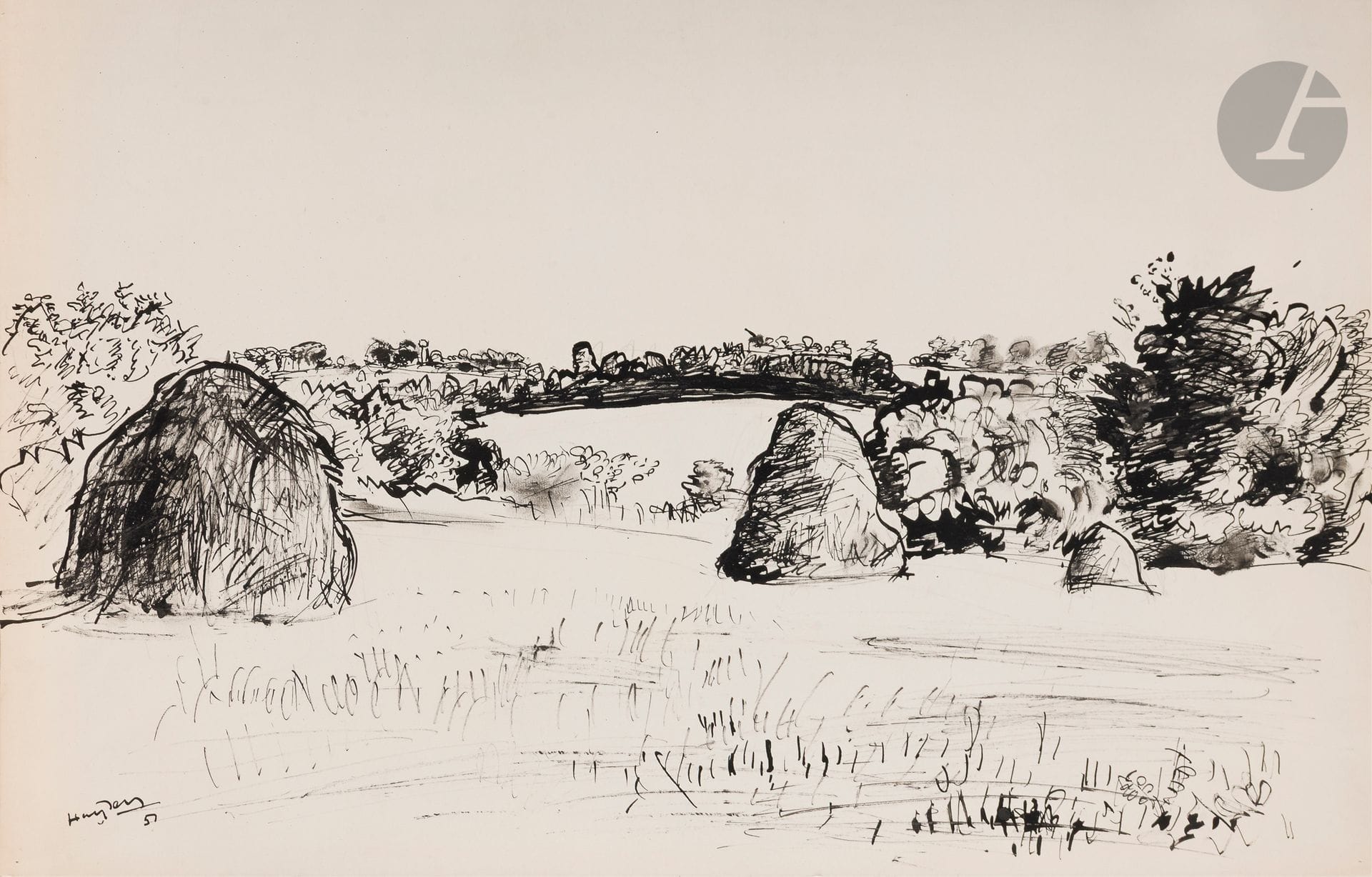 Henri HAYDEN (1883-1970)
Meules de foin à Mareuil sur Ourcq, 1951
Encre.
Signée et datée en bas à gauche.
32,5 x 50 cm

Provenance : 
Collection Pierre Célice.
[sztuka polska, art polonais]