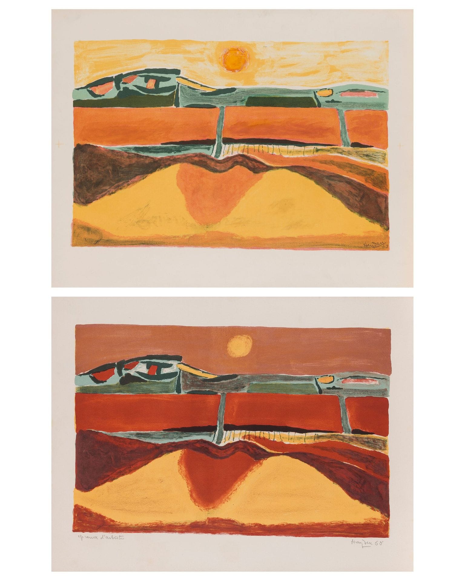 Henri HAYDEN (1883-1970)
Landscape in the sun, 1968
Lithograph enhanced with gouache.
Signed and dated lower right.
(Stains).
50.5 x 66 cm
Paysage au soleil, lithograph, signed, dated and annotated EA.

Provenance : 
Pierre Célice Collection.
[sztuka polska, polish art]