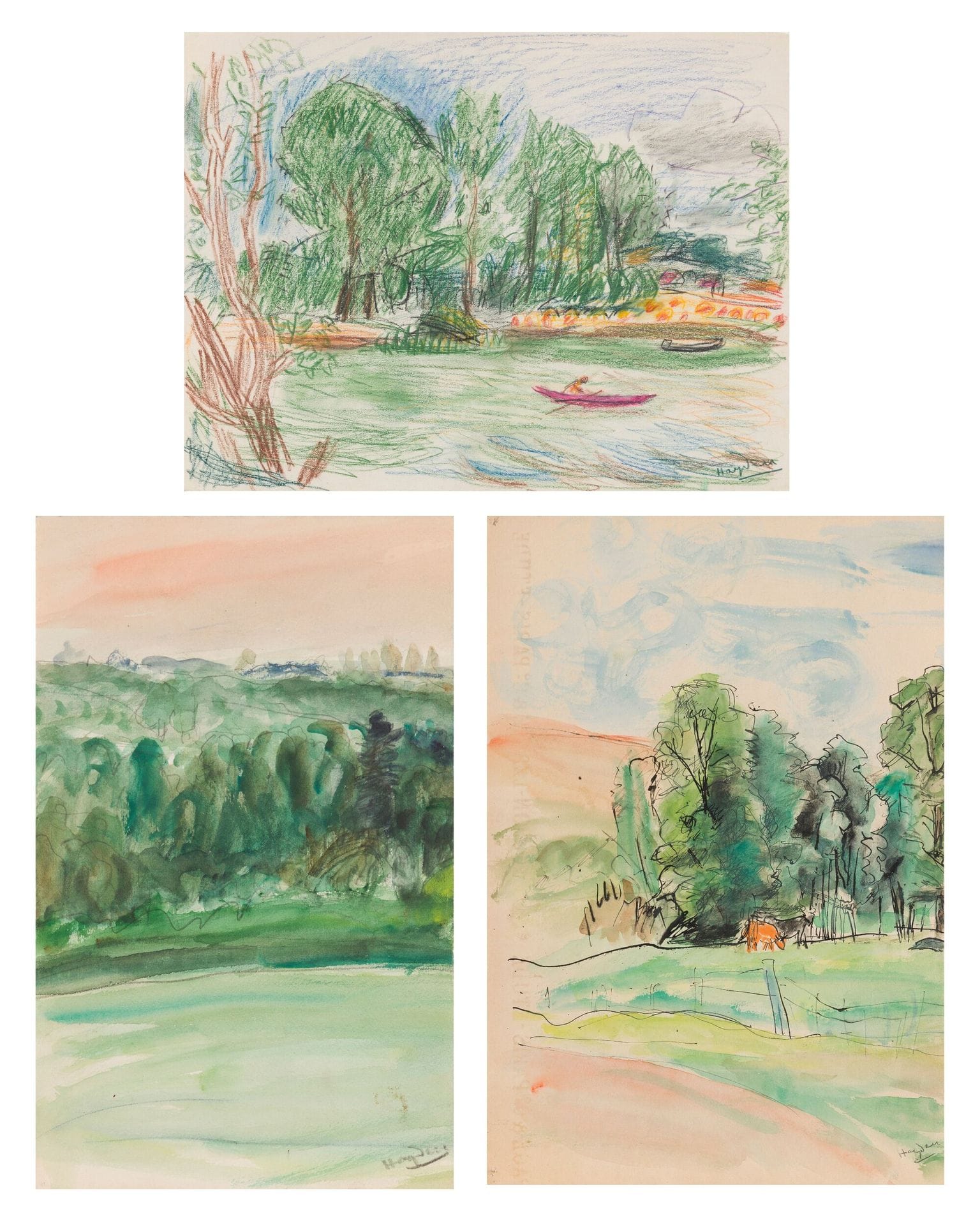 Henri HAYDEN (1883-1970)
Arbres à Montchauvet ; Montchauvet, vache au pré, vers 1949
Aquarelle ; encre et aquarelle.
Signées en bas à droite.
28 x 17 cm ; 32,5 x 22,5 cm
On joint la Marne à Fay-le-Bac, vers 1955, crayons de couleur, signé. 25 x 32,5 cm

Provenance : 
Collection Pierre Célice.
[sztuka polska, art polonais]
