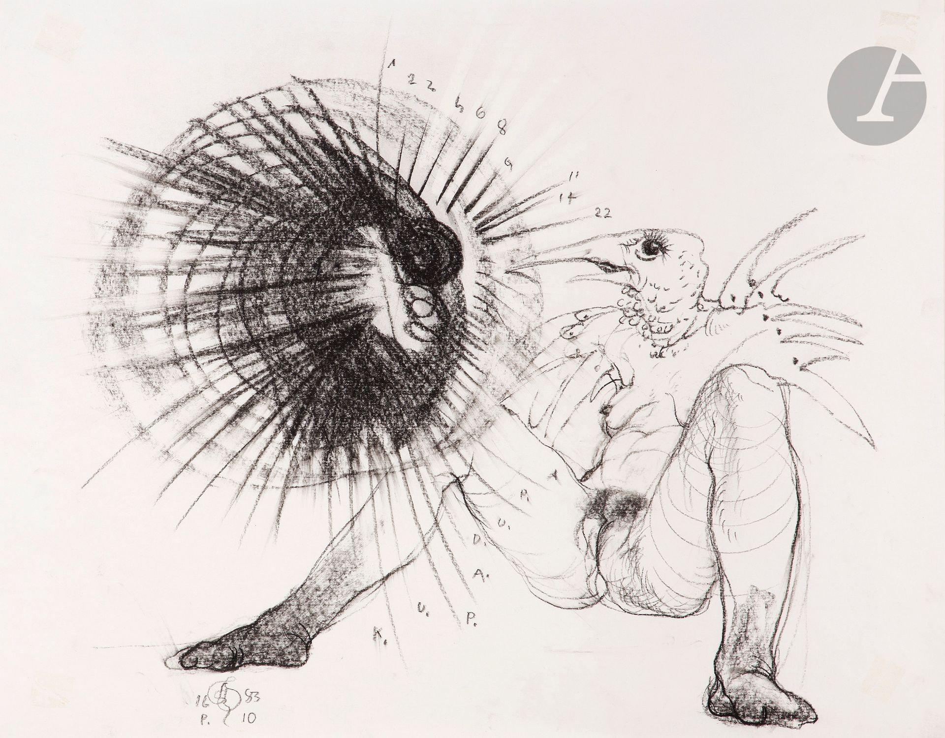 Franciszek STAROWIEYSKI (1930-2009)
Sans titre (kupa dupa), 1983
Fusain.
Signé et daté 1683 en bas à gauche. 
35,5 x 45,5 cm

Provenance : 
Collection Alin Avila.
[sztuka polska, art polonais]