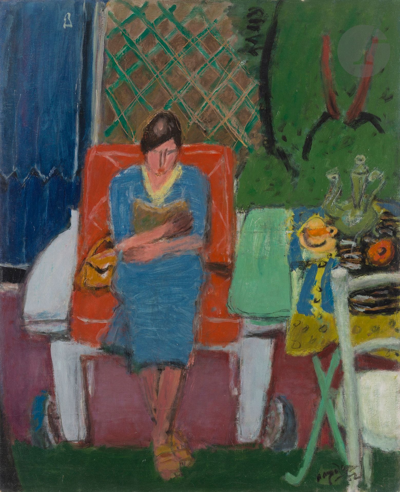 Henri HAYDEN (1883-1970)
Femme en bleu, 1952
Huile sur toile.
Signée et datée en bas à droite.
Titrée et datée au dos sur le châssis.
81 x 65 cm

Bibliographie : 
BECKETT Samuel, ZAGRODZKI Christophe, Hayden, Fragment Éditions, 2005, reproduit p. 83.

Provenance : 
Collection Pierre Célice.
[sztuka polska, art polonais]
