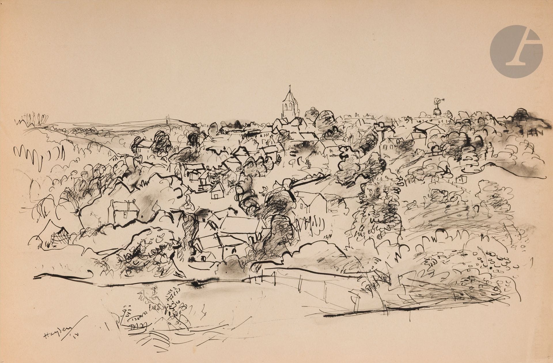 Henri HAYDEN (1883-1970)
Vue de Montchauvet, 1950
Encre.
Signée et datée en bas à gauche.
32,5 x 49,5 cm

Provenance : 
Collection Pierre Célice.
[sztuka polska, art polonais]