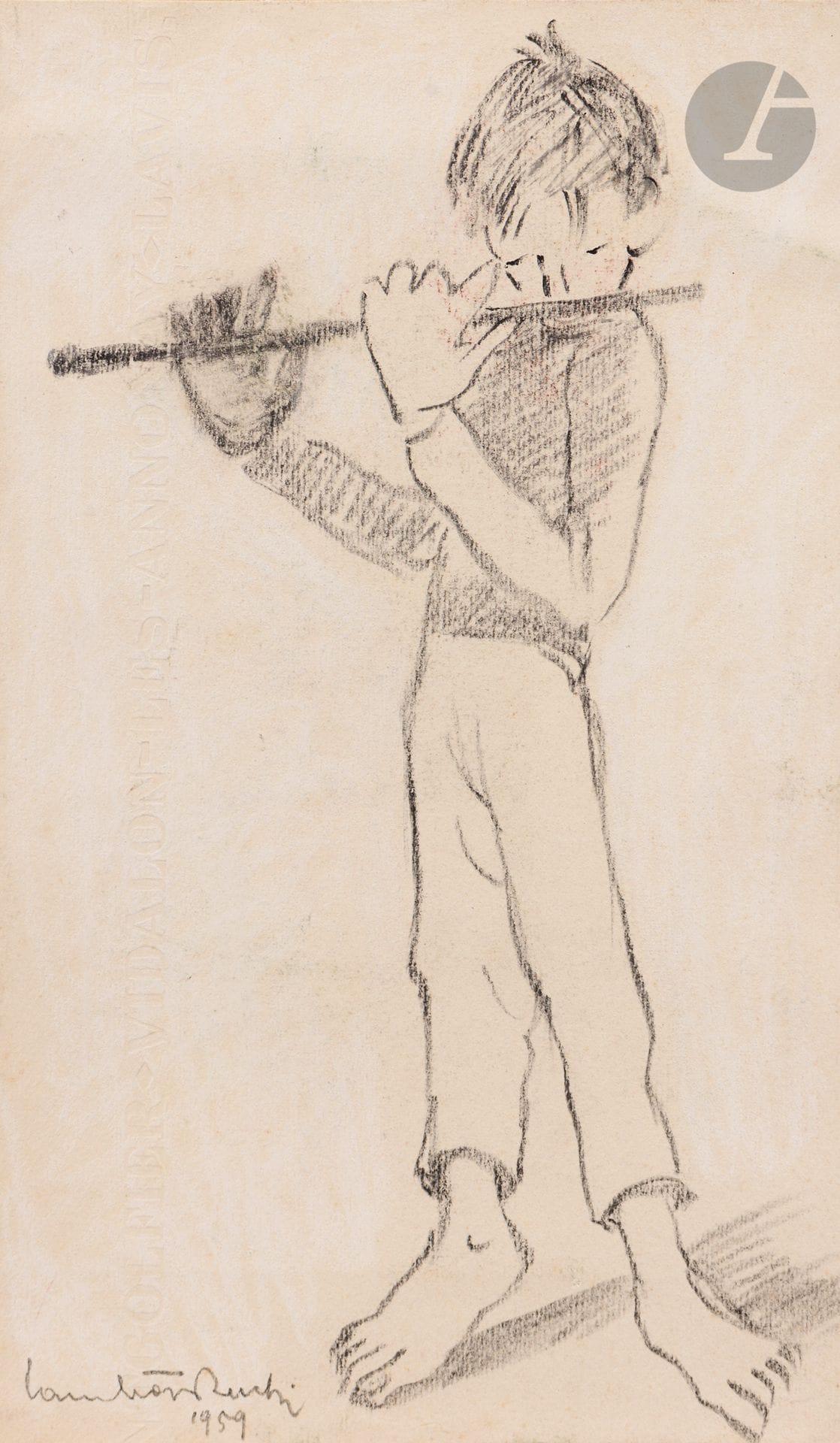 Jean LAMBERT-RUCKI (1888-1967)
The Pied Piper, 1959
Charcoal on white chalk ground.
Signed and dated lower left.
28 x 16.5 cm
[sztuka polska, polish art]