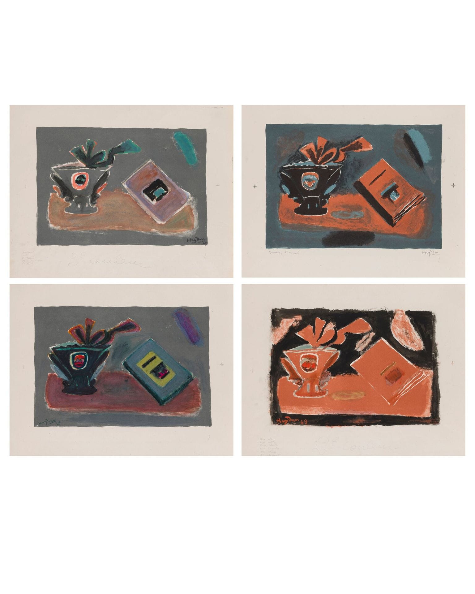 Henri HAYDEN (1883-1970)
Still life with book, 1969
3 lithographs enhanced with gouache.
Signed (3) and dated (1), 2 on both sides.
Annotated 1st, 2nd, 3rd and 4th color.
(Soiling and annotations in the margins).
50.5 x 66 cm
Still life with a book, lithograph, signed, dated 1968.

Provenance : 
Pierre Célice Collection.
[sztuka polska, polish art]