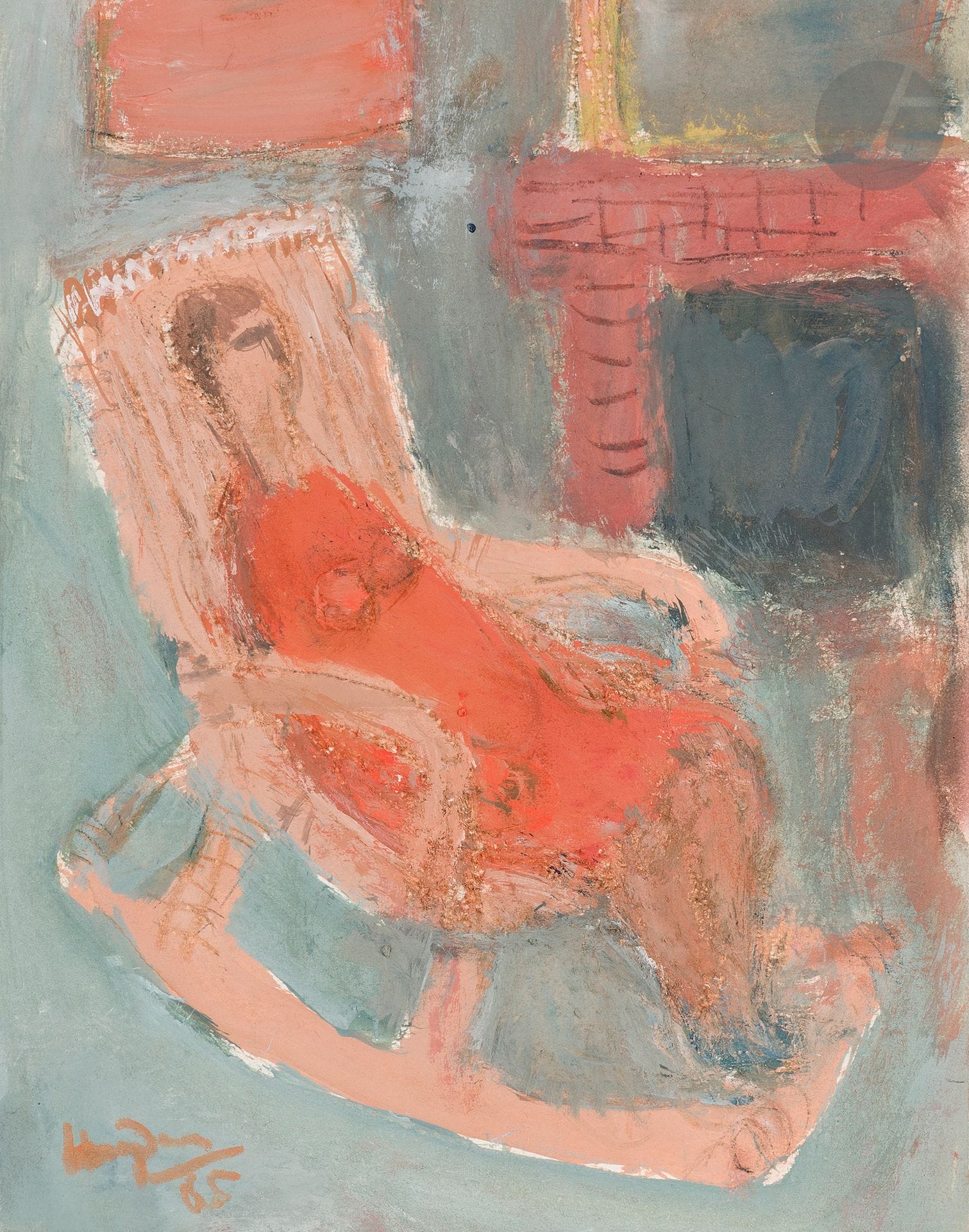 Henri HAYDEN (1883-1970)
Woman with rocking chair, 1965
Gouache.
Signed and dated lower left.
27 x 21.5 cm

Provenance : 
Pierre Célice Collection.
[sztuka polska, polish art]