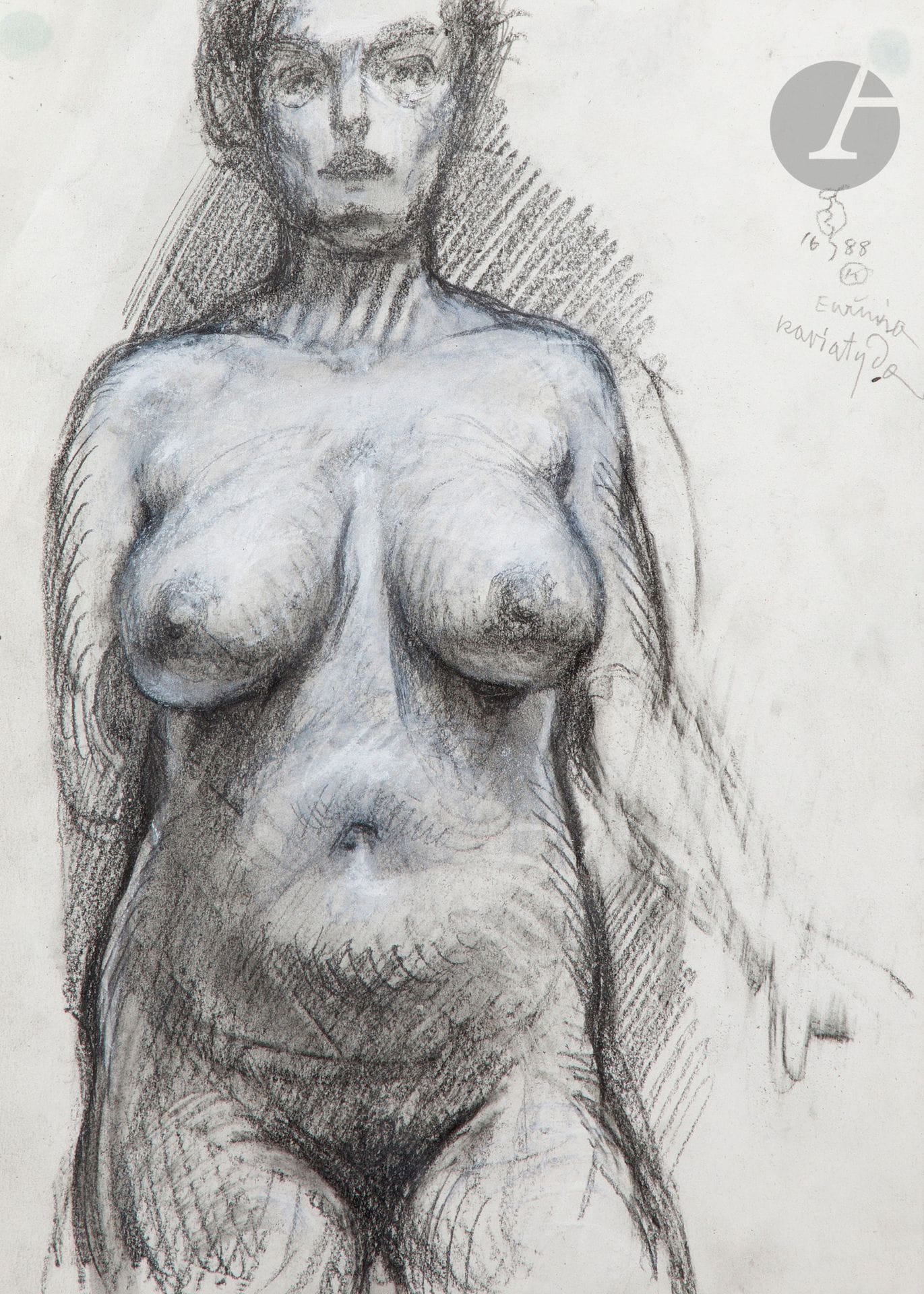 Franciszek STAROWIEYSKI (1930-2009)
Kariatyda, 1988
Charcoal enhanced with gouache.
Signed, dated 1688, located K(atowice?) and annotated upper right.
24.8 x 17.8 cm 
Framed.

Provenance : 
Alin Avila Collection.
[sztuka polska, polish art]