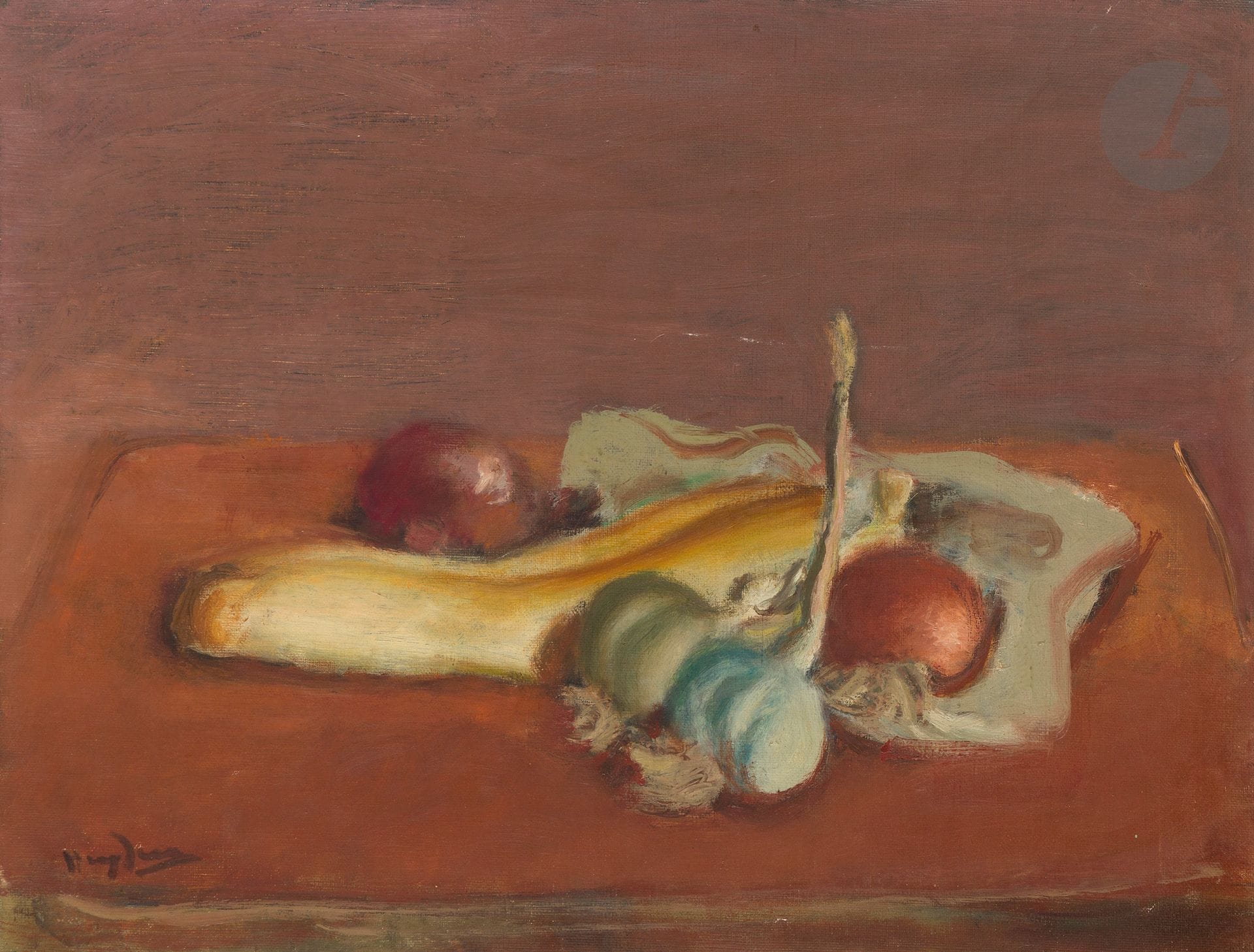 Henri HAYDEN (1883-1970)
Nature morte à l’ail, vers 1930 ?
Huile sur toile non montée.
Signée en bas à gauche.
33 x 46 cm

Provenance : 
Collection Pierre Célice.
[sztuka polska, art polonais]
