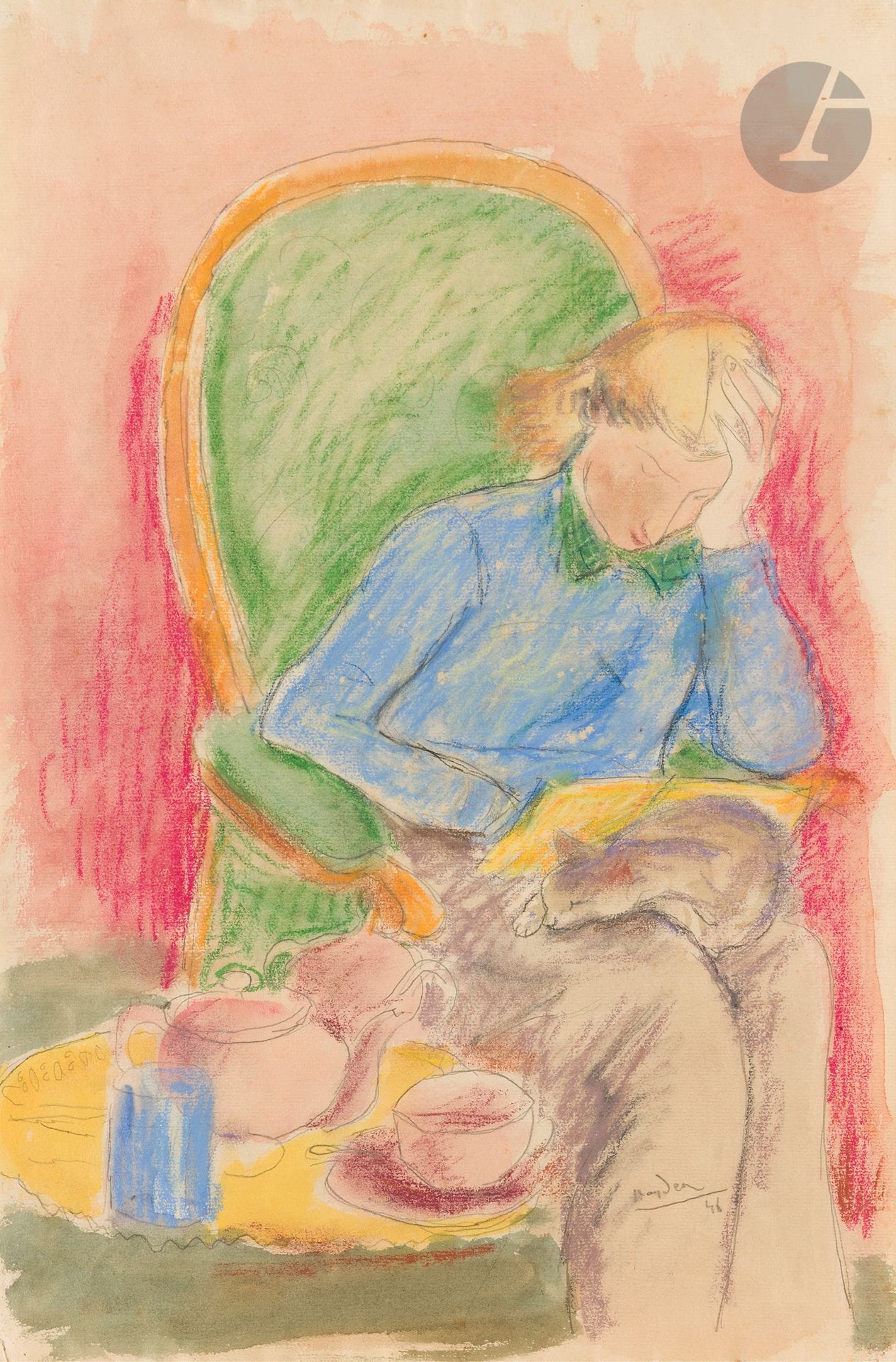Henri HAYDEN (1883-1970)
Femme lisant avec un chat, 1946
Mine de plomb et pastel.
Signée et datée en bas à droite.
Titrée, située Paris et datée au dos.
47,8 x 31 cm

Provenance : 
Collection Pierre Célice.
[sztuka polska, art polonais]