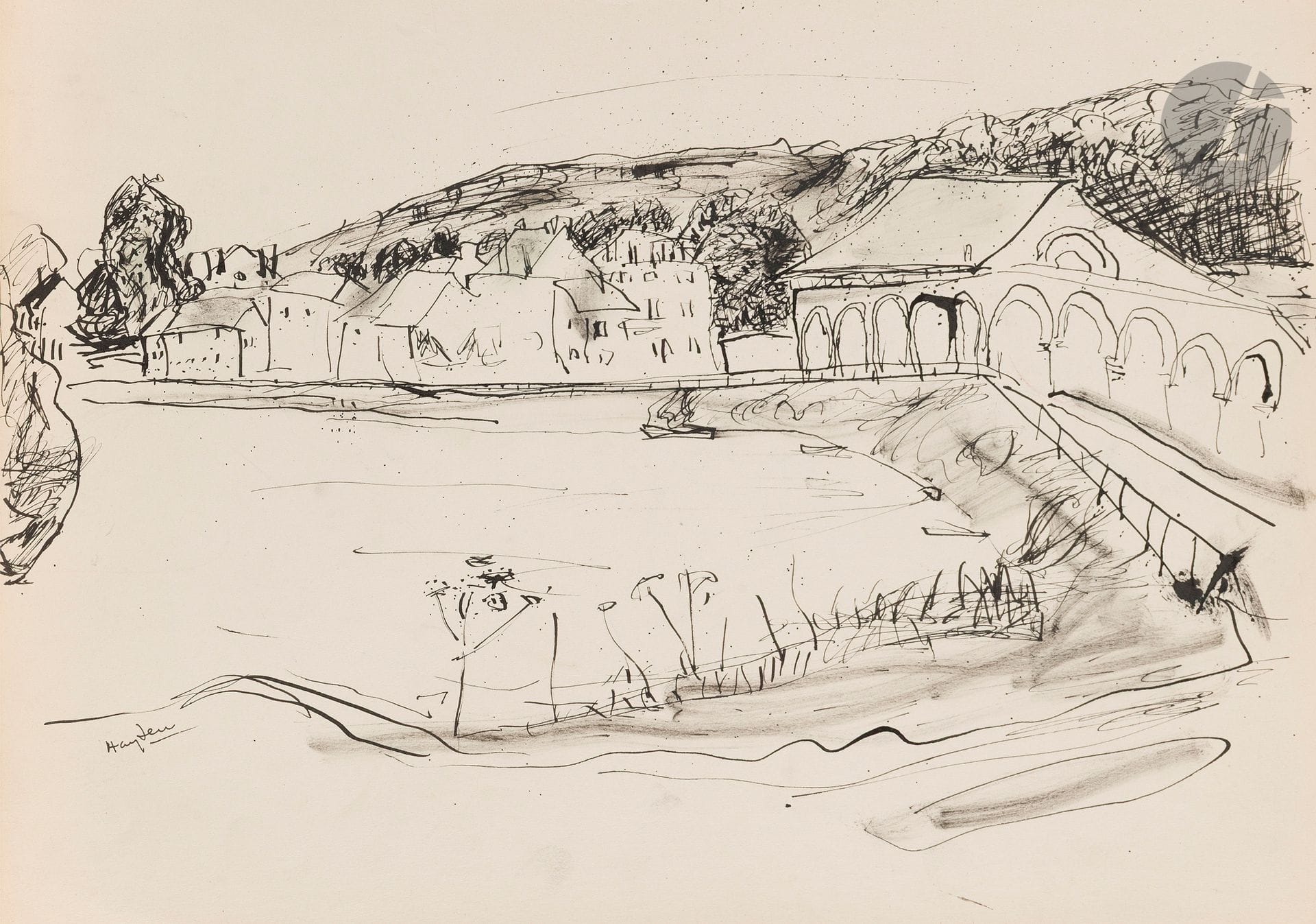 Henri HAYDEN (1883-1970)
La Ferté sous Jouarre, vers 1968
Encre.
Signée en bas à gauche.
26 x 37 cm

Provenance : 
Collection Pierre Célice.
[sztuka polska, art polonais]