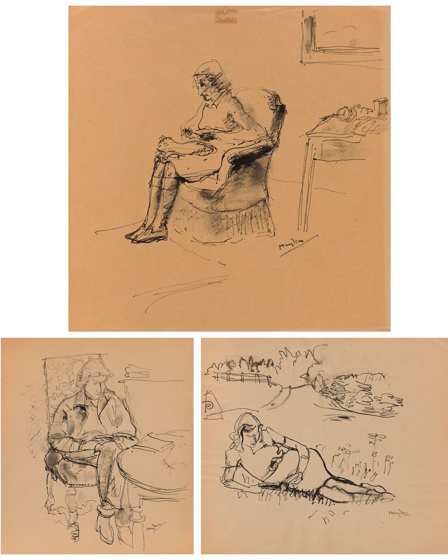 Henri HAYDEN (1883-1970)
Josette ; Josette assise ; Josette lisant ; Josette endormie, 1941-1947
4 encres.
Signées en bas à droite.
(Papier oxydé, petites déchirures).
Environ 27 x 26 cm chacune

Provenance : 
Collection Pierre Célice.
[sztuka polska, art polonais]