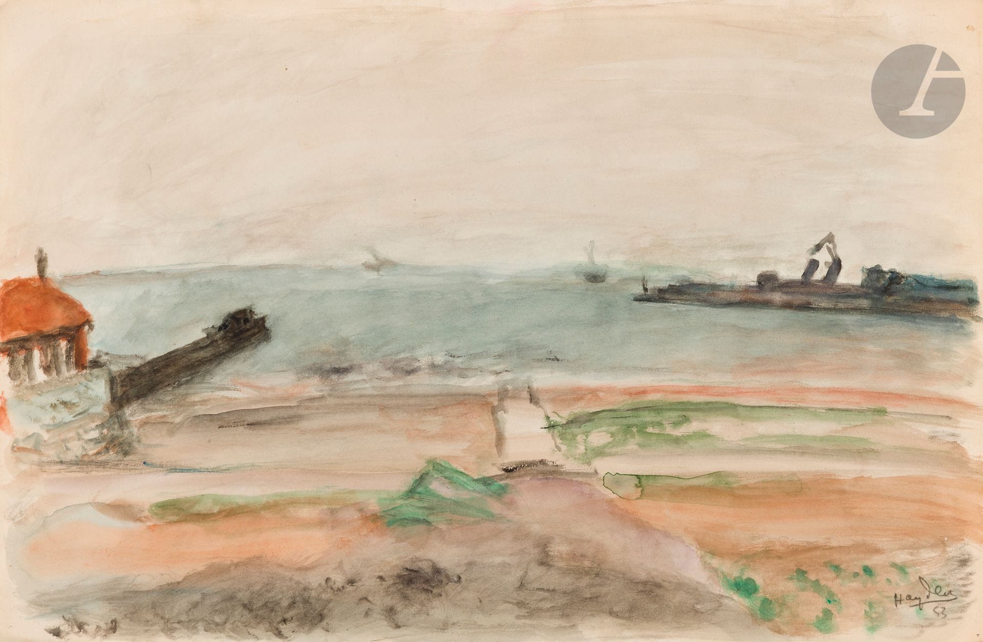 Henri HAYDEN (1883-1970)
La rade de Cherbourg, 1953
Aquarelle.
Signée et datée en bas à droite.
32,5 x 49,7 cm

Provenance : 
Collection Pierre Célice.
[sztuka polska, art polonais]