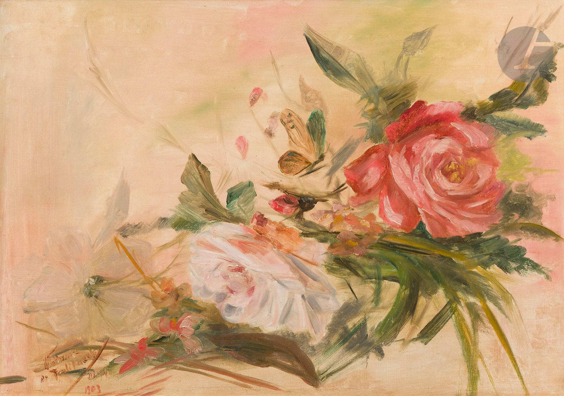 Vladimir TERLIKOWSKI (1873-1951)
Roses, 1903
Huile sur toile.
Signée et située Dieppe en bas à gauche.
(Restaurations).
46 x 65 cm
[sztuka polska, art polonais]