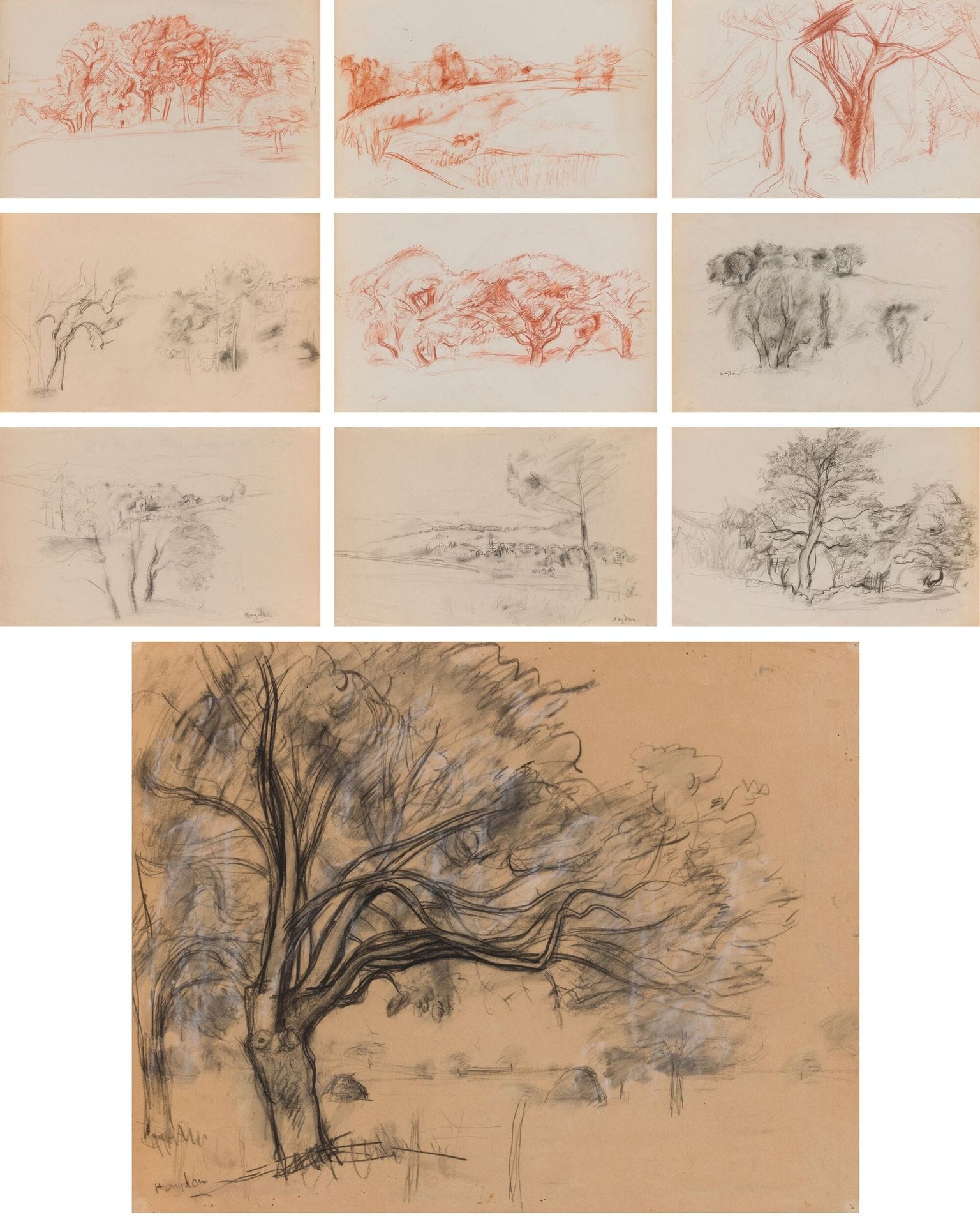 Henri HAYDEN (1883-1970)
Paysages de Mougins, 1941-1943
10 mines de plomb, sanguines ou pierre noire.
Signées.
Environ 32,5 x 50,7 cm

Provenance : 
Collection Pierre Célice.
[sztuka polska, art polonais]