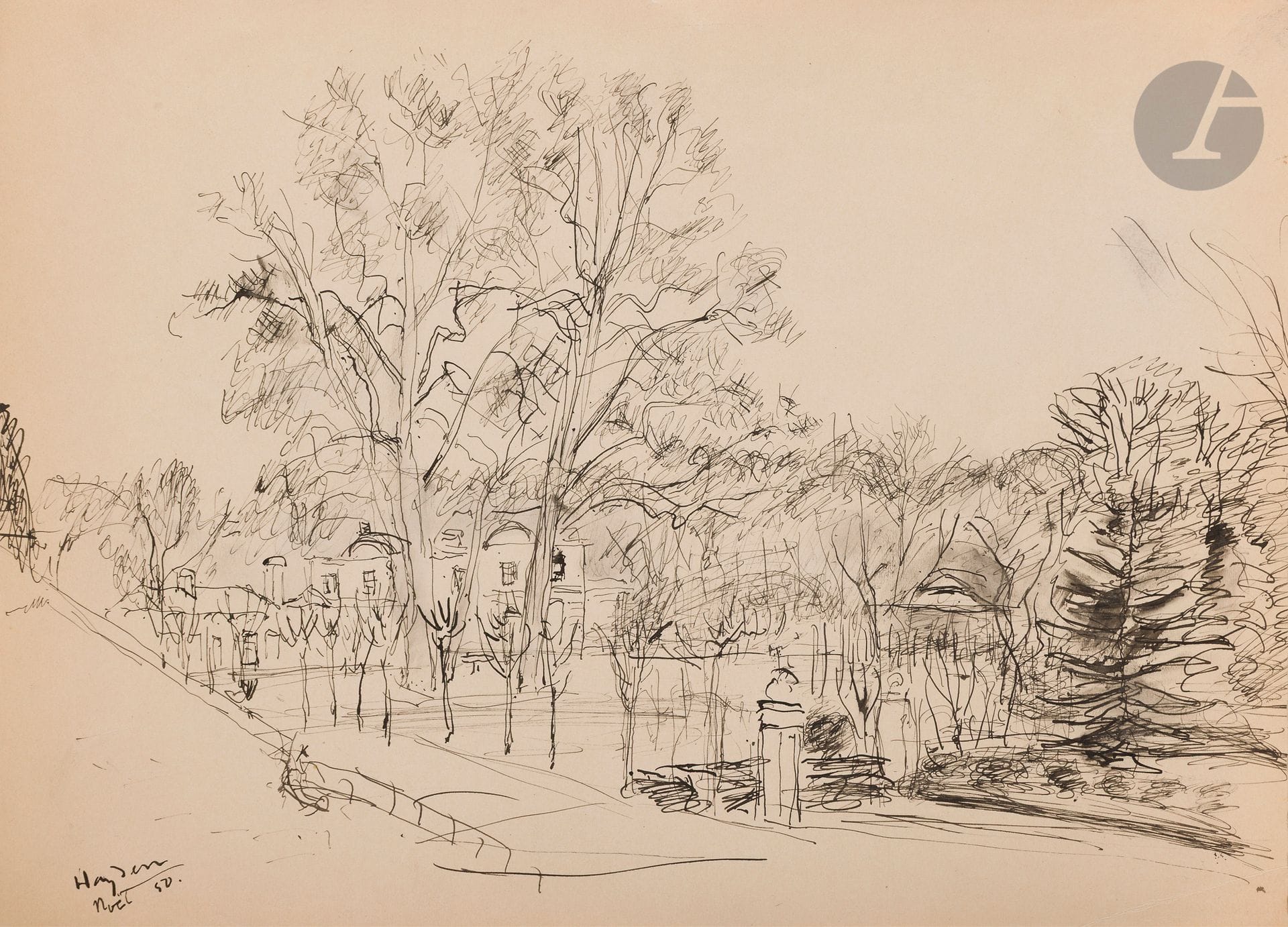 Henri HAYDEN (1883-1970)
Fontainebleau, Christmas 1950
Ink.
Signed and dated lower left.
32.5 x 45 cm

Provenance : 
Pierre Célice Collection.
[sztuka polska, polish art]