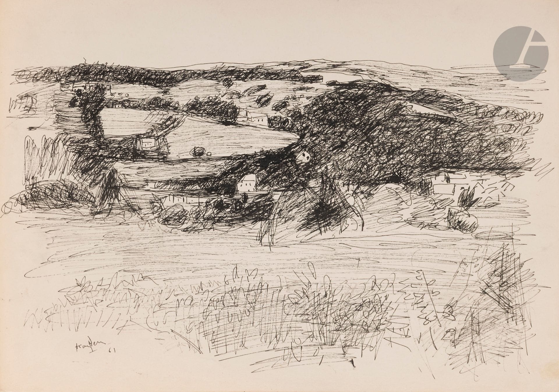 Henri HAYDEN (1883-1970)
Paysage près de la Ferté sous Jouarre, 1961
Encre.
Signée et datée en bas à gauche.
26 x 37 cm

Provenance : 
Collection Pierre Célice.
[sztuka polska, art polonais]