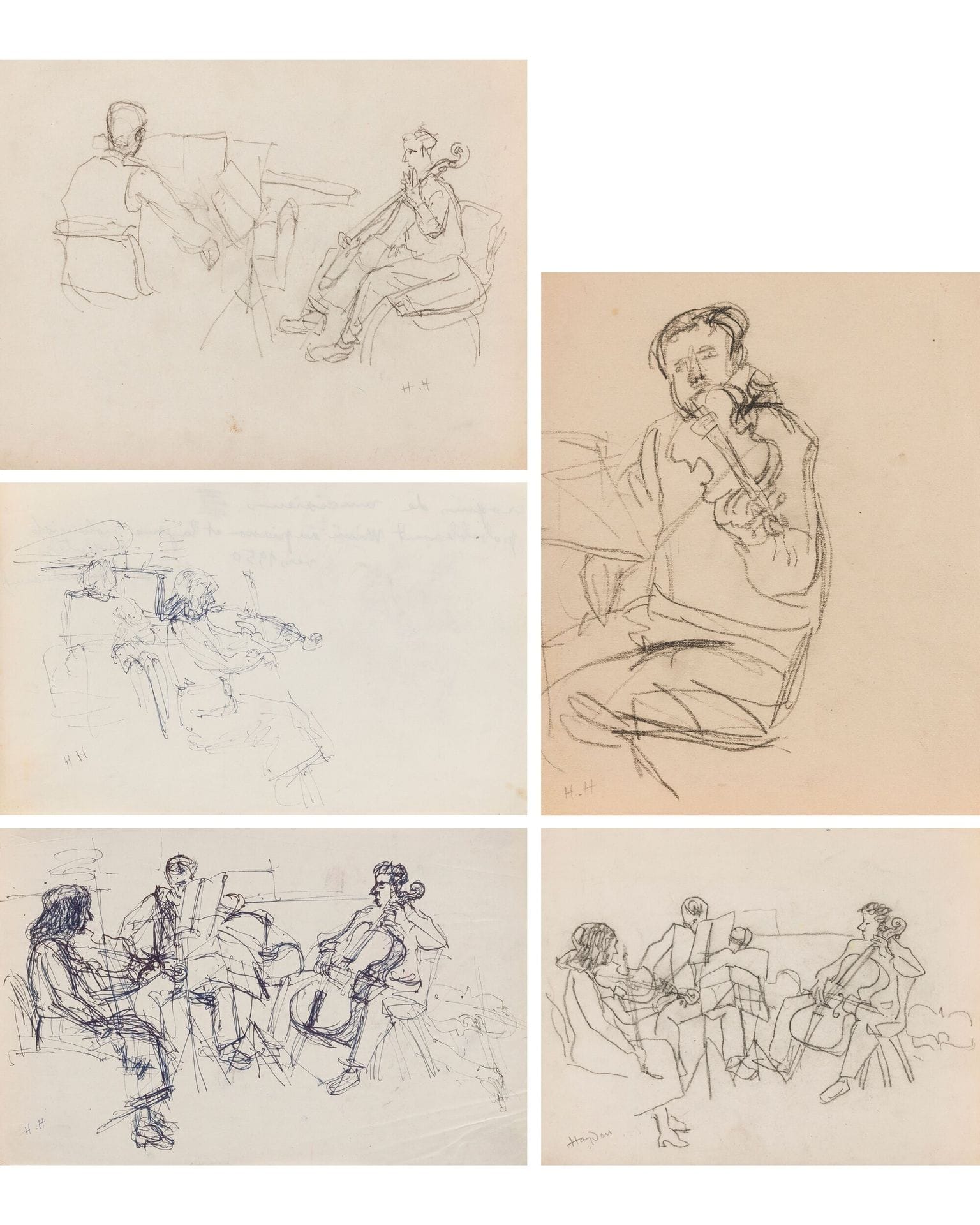 Henri HAYDEN (1883-1970)
Études de musiciens, vers 1950
3 crayons noirs et 2 encres.
Monogrammés (4), signé (1).
25 x 32,5 cm (max.)

Provenance : 
Collection Pierre Célice.
[sztuka polska, art polonais]