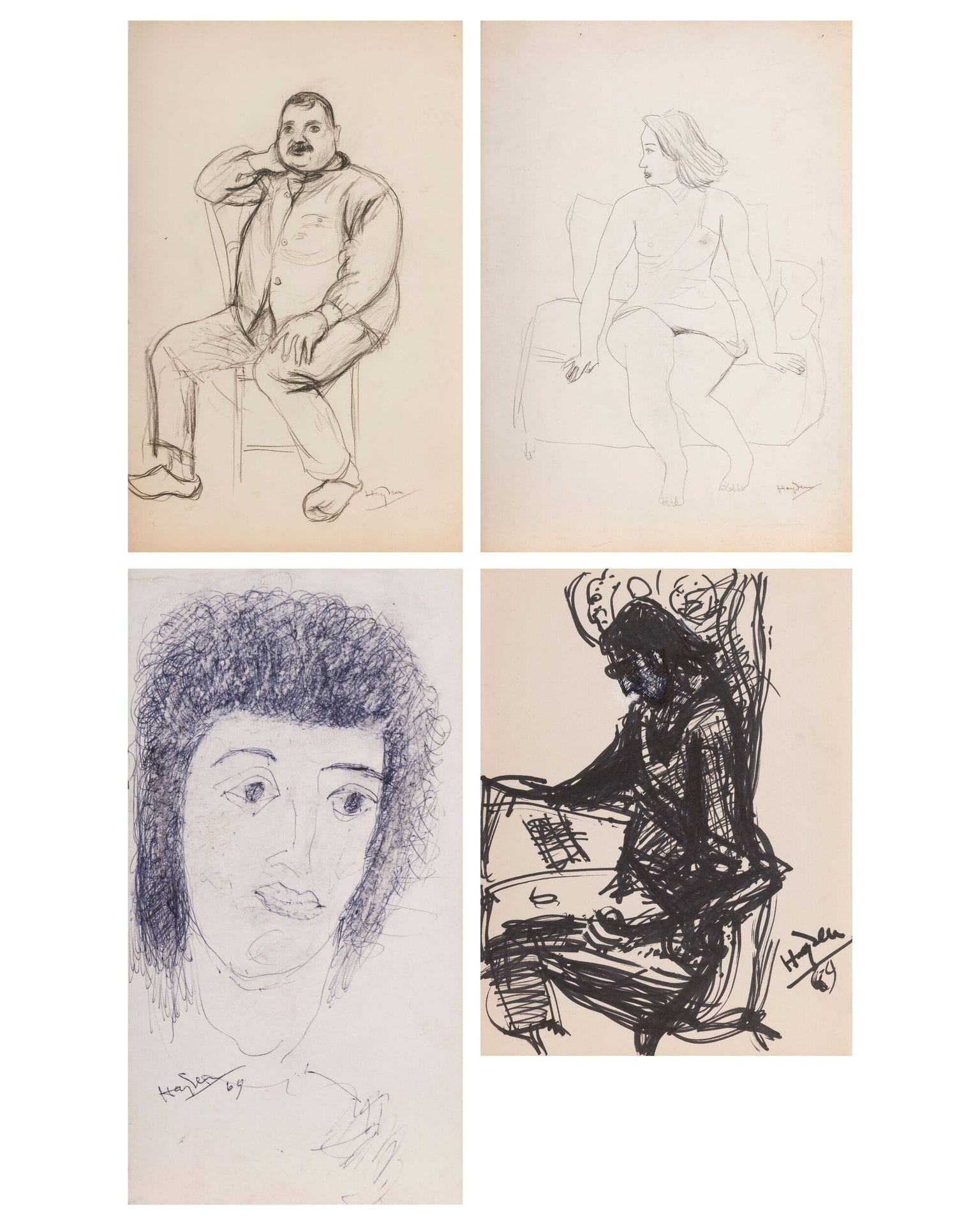 Henri HAYDEN (1883-1970)
Portraits
4 dessins (stylo bille, feutre, fusain).
Signés (4) et datés 1969 (2).
De 25 x 13 à 54 x 37,5 cm

Provenance : 
Collection Pierre Célice.
[sztuka polska, art polonais]